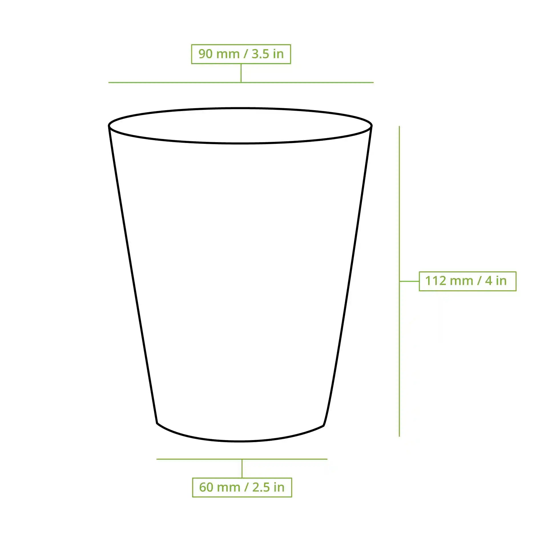 Disegno schematico di un bicchiere di carta rotondo con dimensioni: diametro superiore 90 mm, altezza 110 mm, diametro inferiore 58 mm.