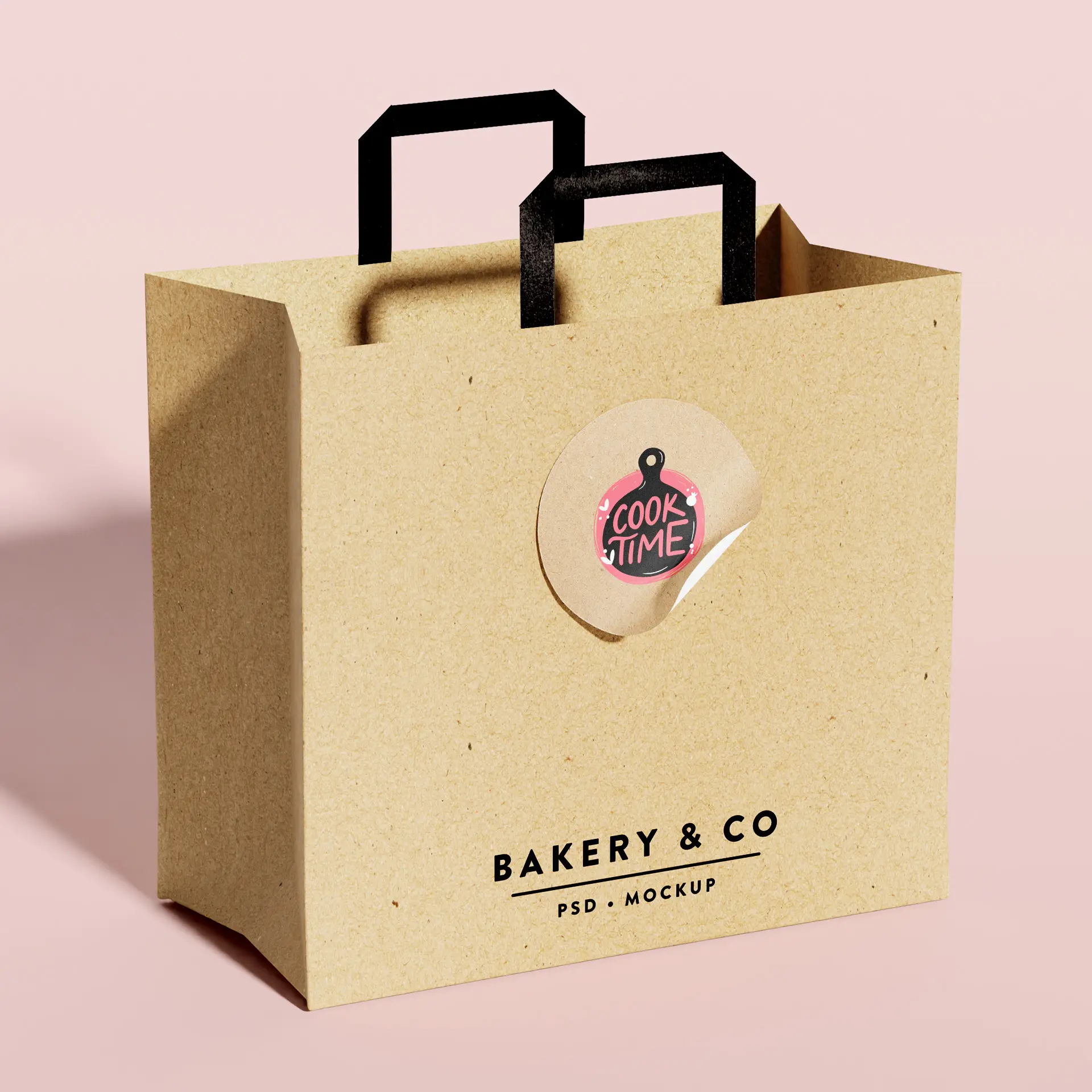 Busta in carta kraft marrone con manici neri, etichetta circolare con scritto "Cook Time" e nome del marchio "Bakery & Co."
