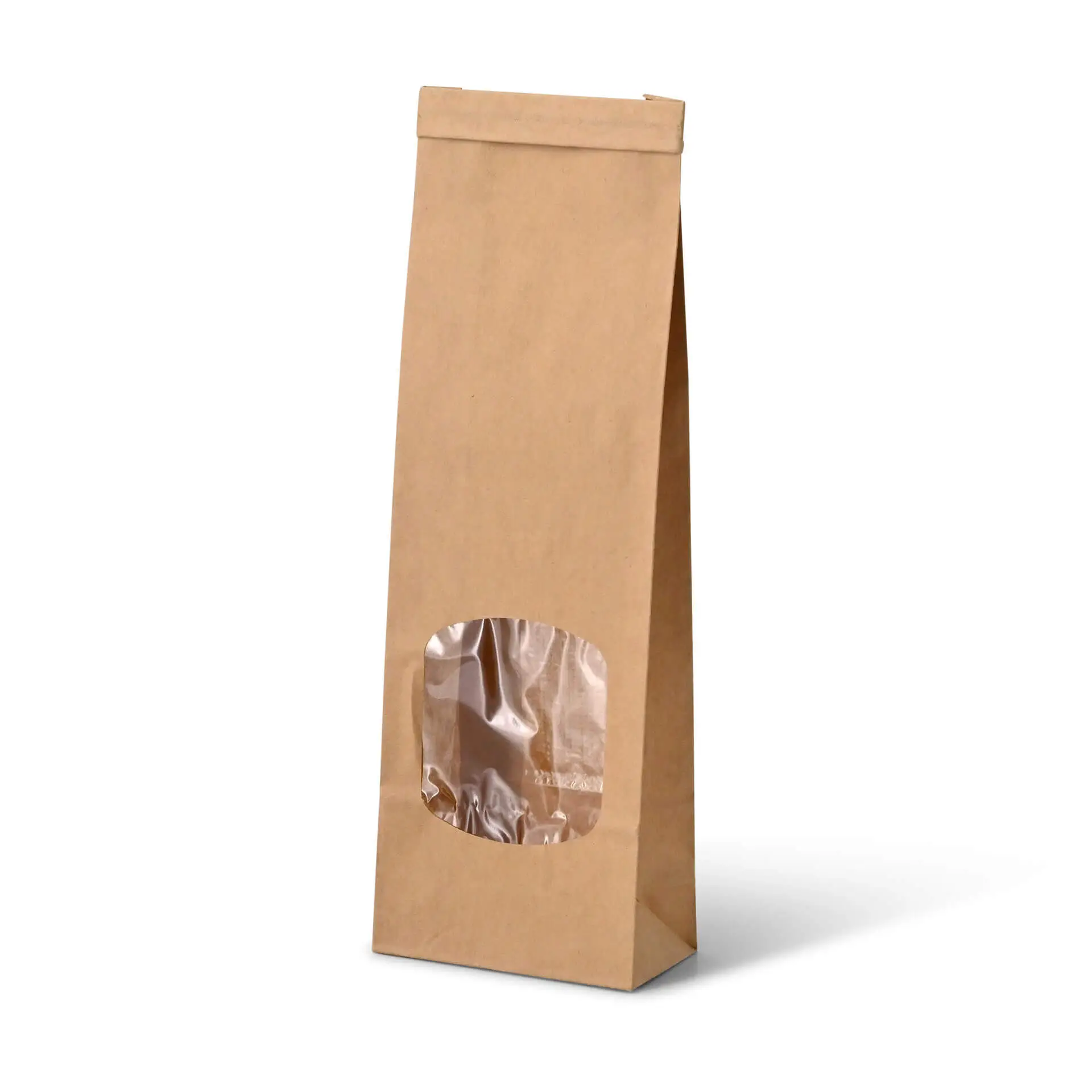 Braune Blockboden-Papiertasche mit klarem Fenster, geeignet für aromatische Waren, mit Drahtverschluss.