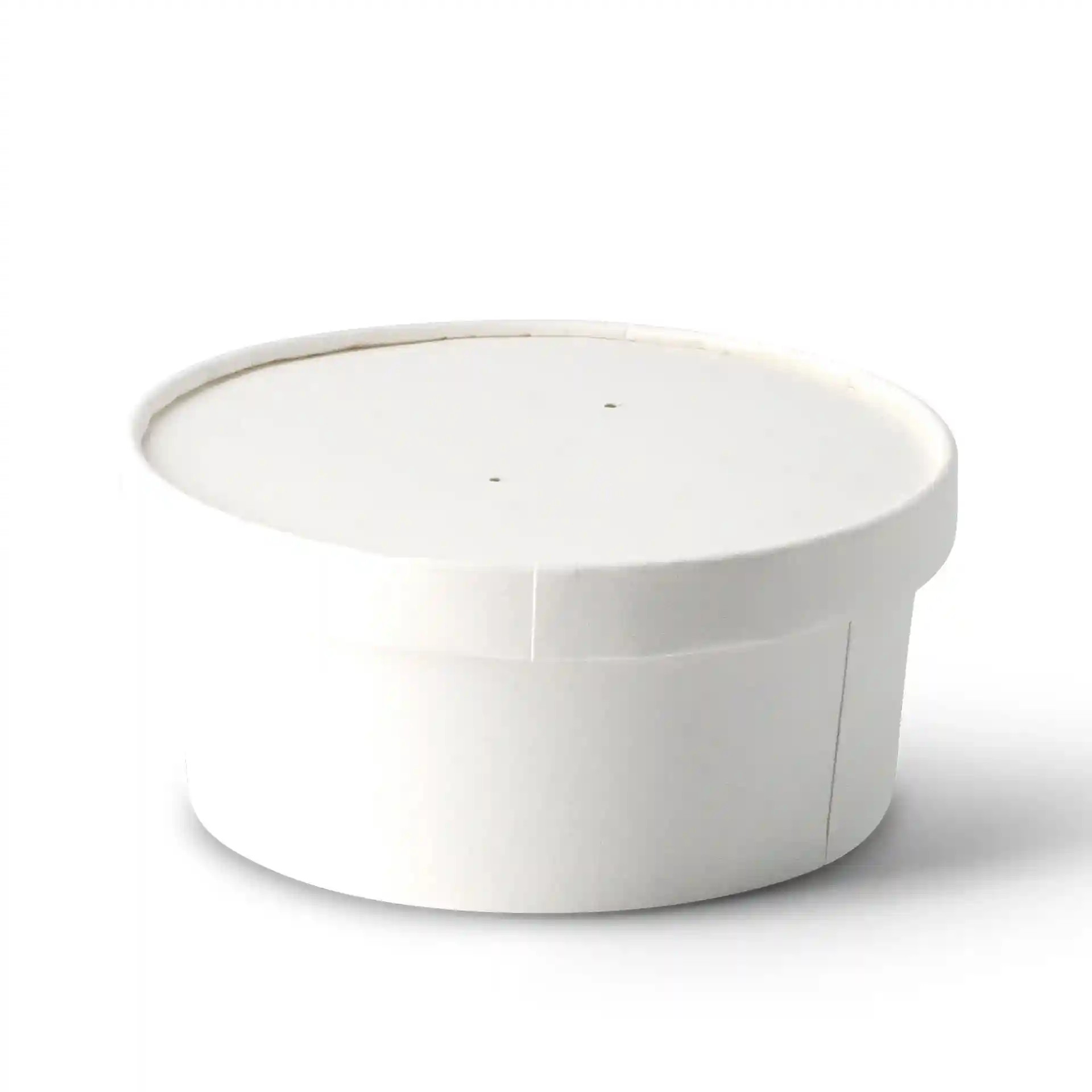 Coperchio rotondo in cartone bianco con un diametro di 150 mm e un'altezza di 17 mm, con due piccoli fori sopra.