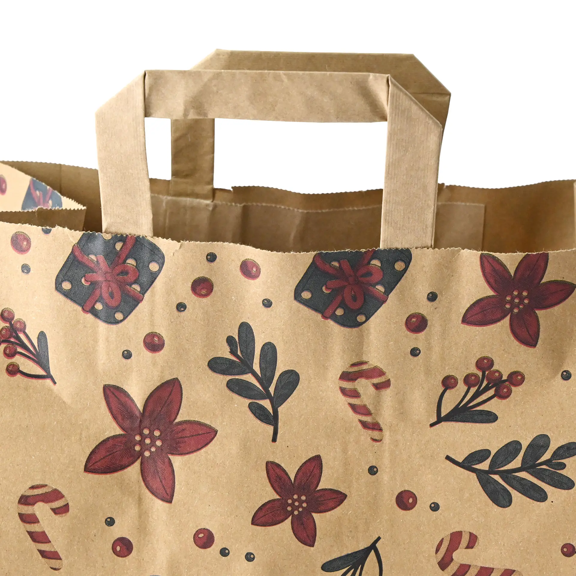 Braune Papiertasche mit Winterdesign, floralem und Zuckerstangenmuster, Maße 26 x 17 x 25 cm.