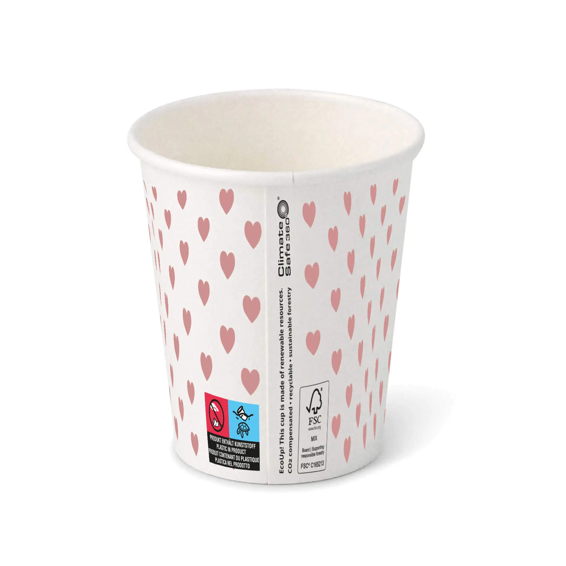 Gobelet en papier imprimé "Hearts" (revêtu) 200 ml / 8 oz, Ø 80 mm, blanc