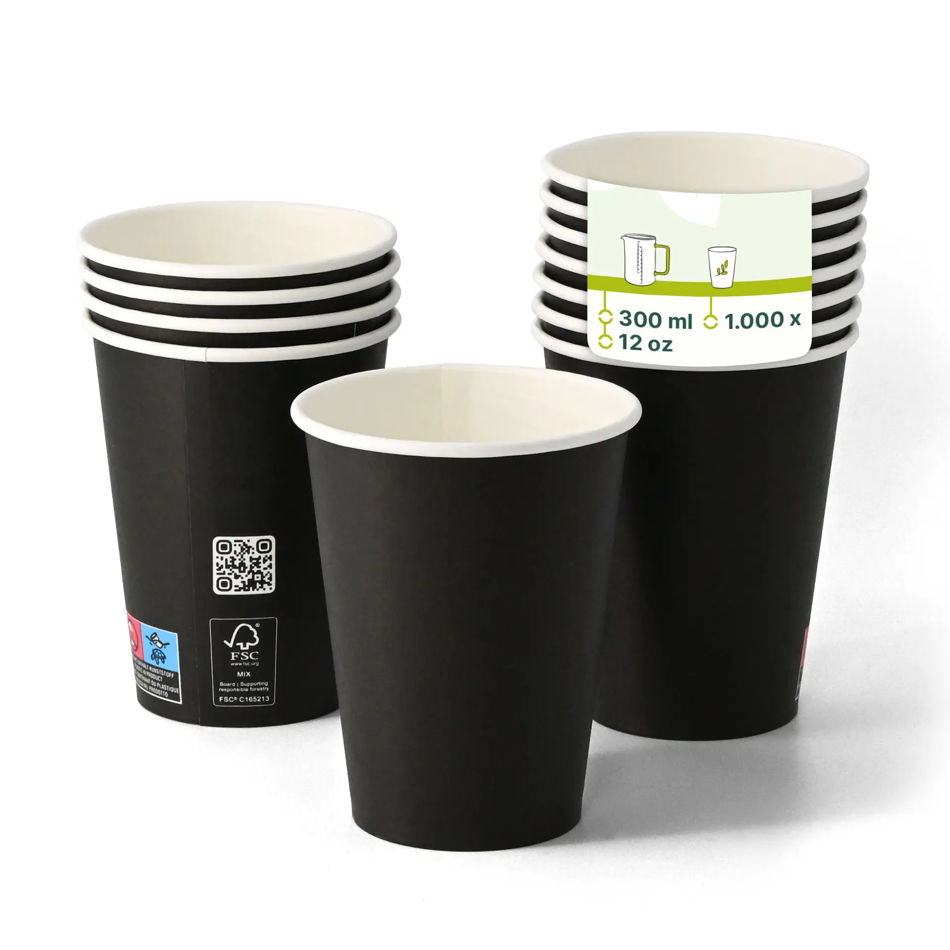 300 ml schwarzer Papierbecher mit einwandiger Konstruktion und PLA-Beschichtung, geeignet für heiße und kalte Getränke.
