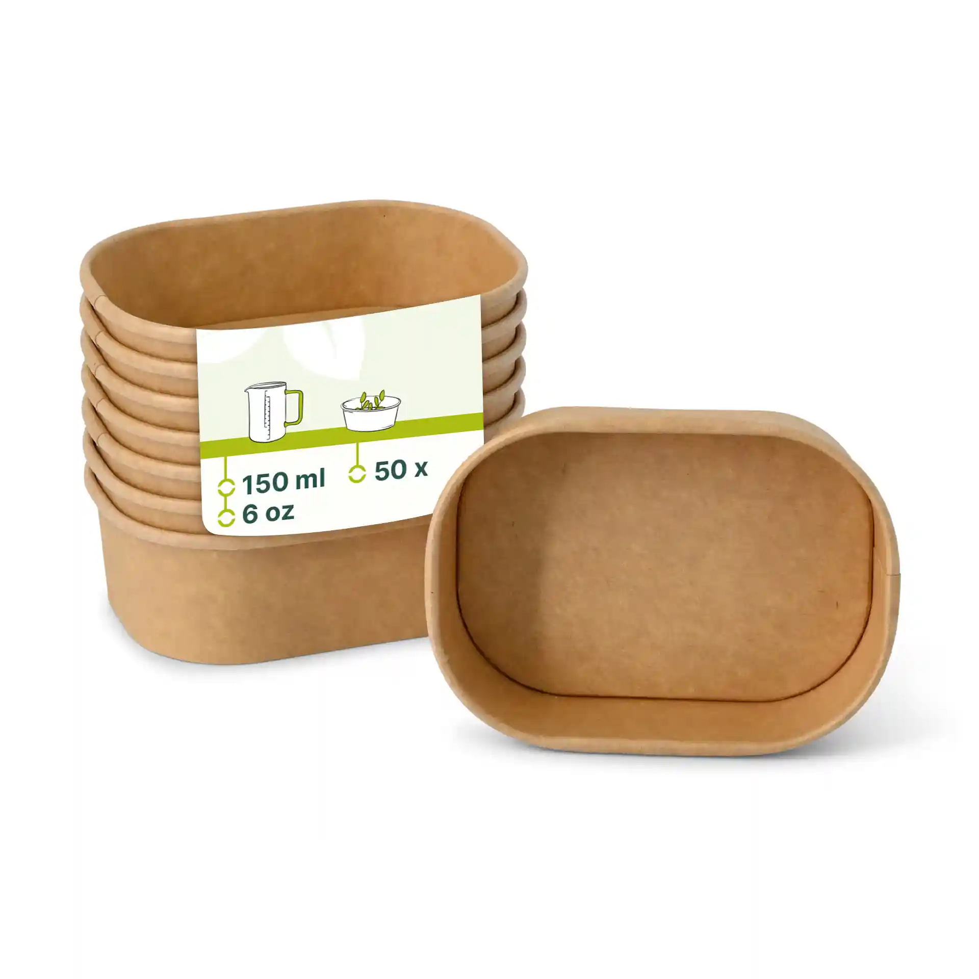 Contenitori alimentari in cartone kraft rettangolari, 150 ml, con etichetta che mostra dimensioni e quantità, impilati con uno davanti.