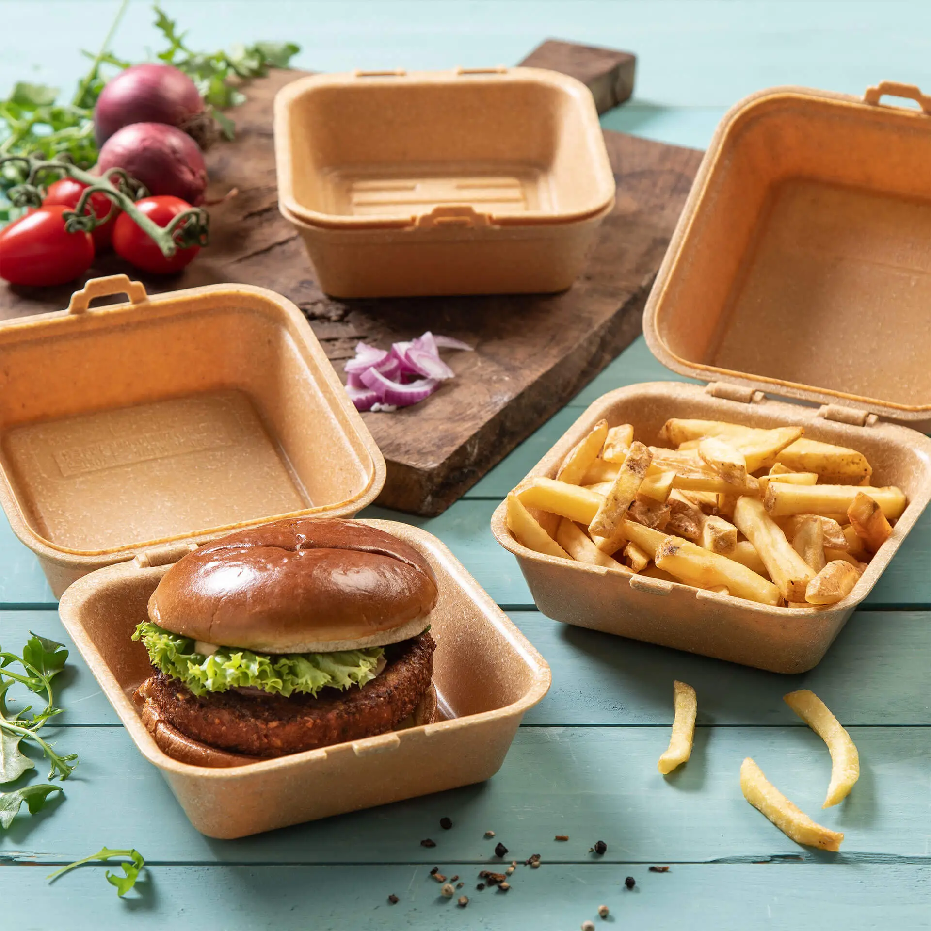 Mehrweg Burgerboxen "merways Box" 16 x 15 x 8,5 cm, Karamell / braun Mehrweg Burgerboxen "merways Box" 16 x 15 x 8,5 cm, Karamell / braun