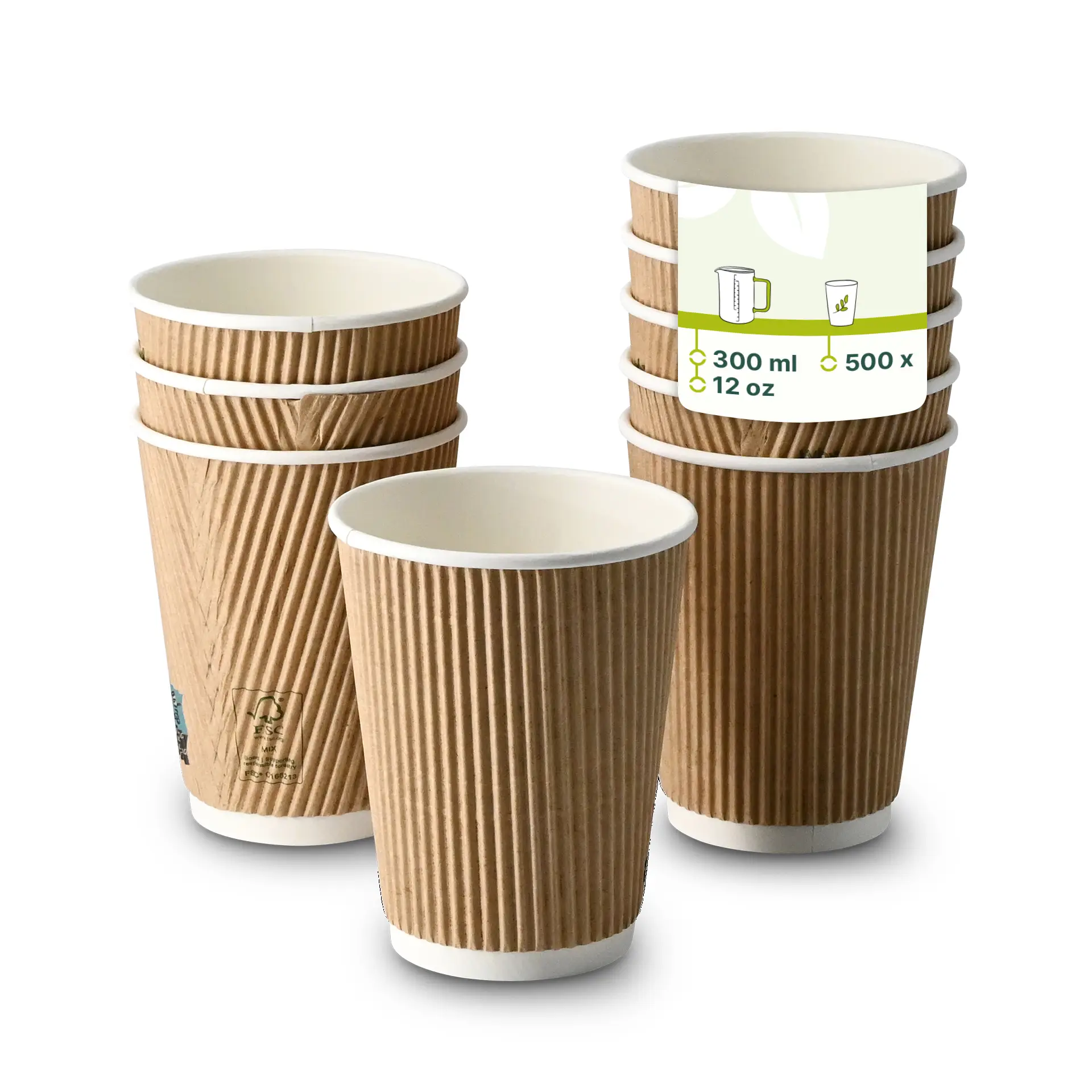 Ein brauner, gerippter 12 oz Becher im Fokus, mit mehreren ähnlichen Bechern im Hintergrund; hat eine PLA-Innenbeschichtung und isolierendes Design.