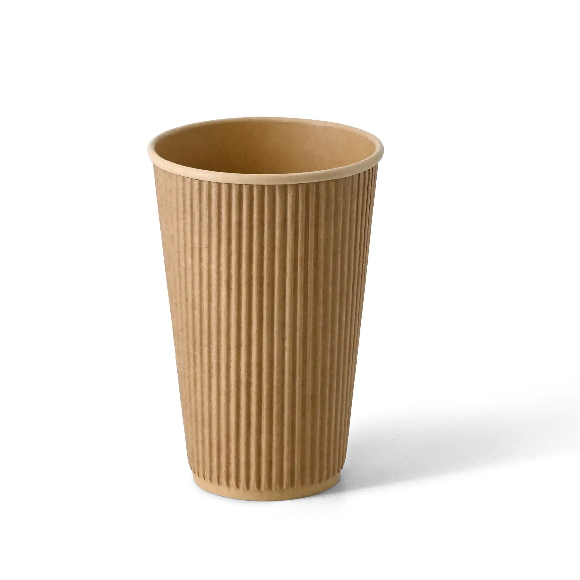 Bicchiere da caffè usa e getta marrone a triplo strato, con texture rigata, progettato per bevande calde, con rivestimento interno in PLA.