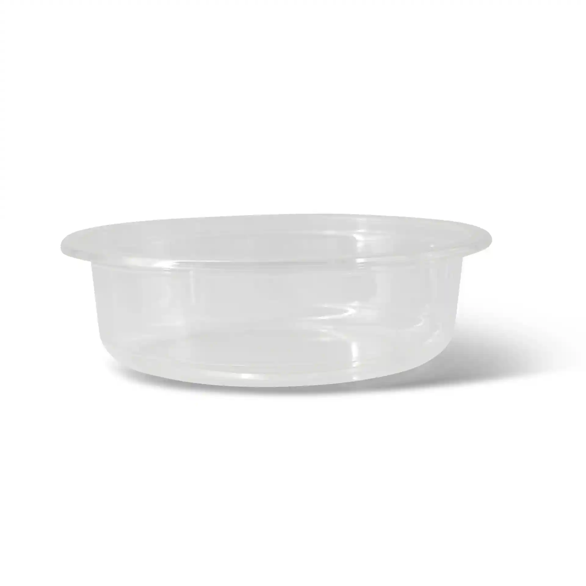 Contenitore rotondo trasparente con un diametro di 120 mm e un'altezza di 34 mm.