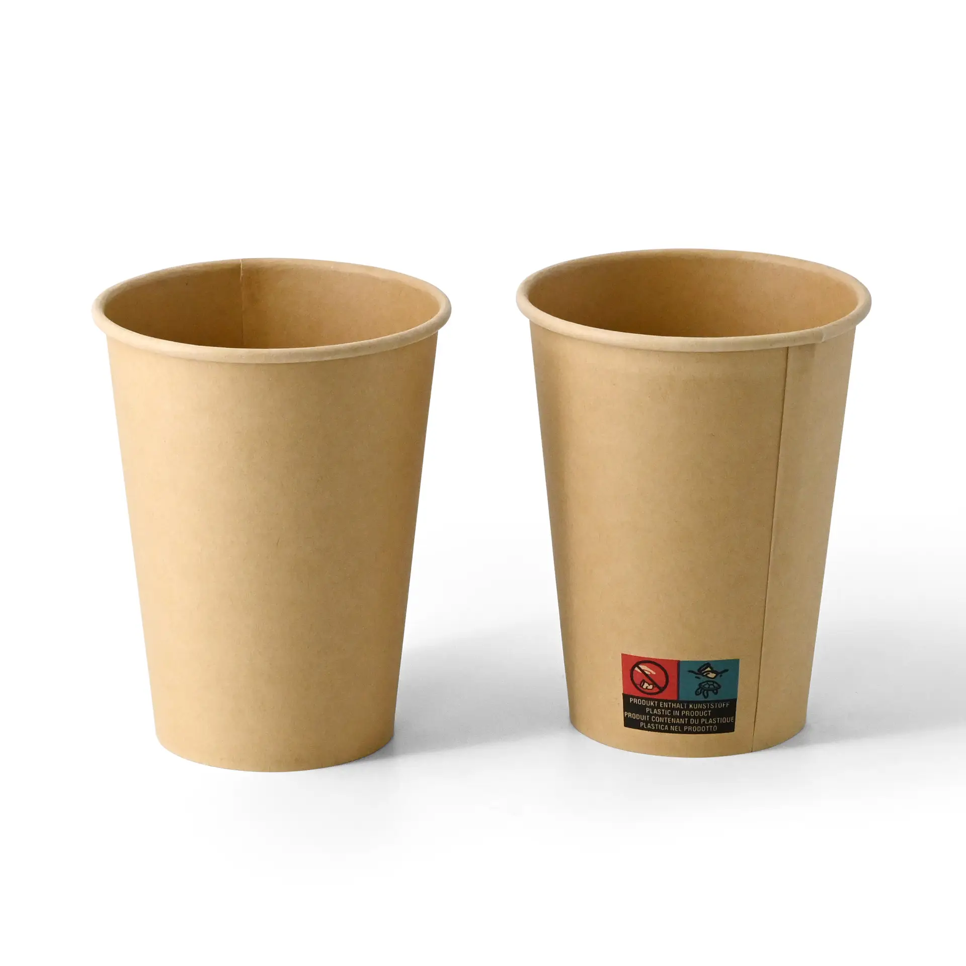 Gobelets en papier marron à paroi simple, capacité de 300 ml, diamètre de 90 mm, avec une étiquette et des symboles.