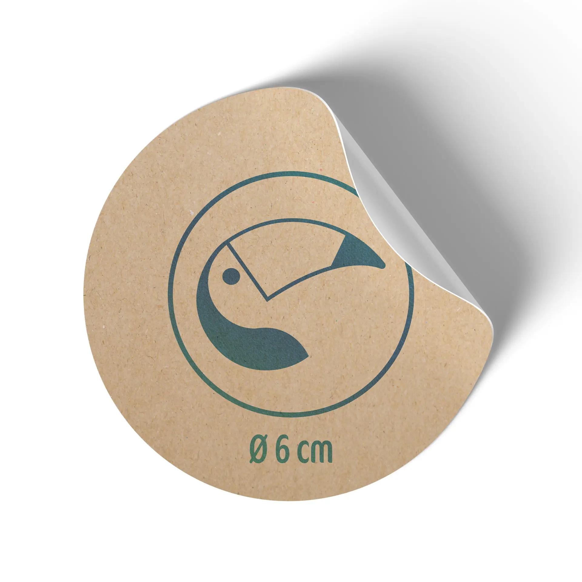 Autocollant rond marron avec illustration d'oiseau et indication de diamètre "Ø 6 cm".