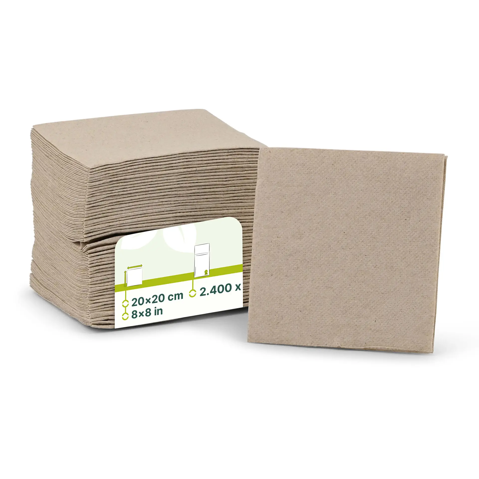 Empilement de serviettes à cocktail carrées non blanchies, 2 plis, 20 x 20 cm, avec une étiquette indiquant les dimensions et le symbole de recyclage.