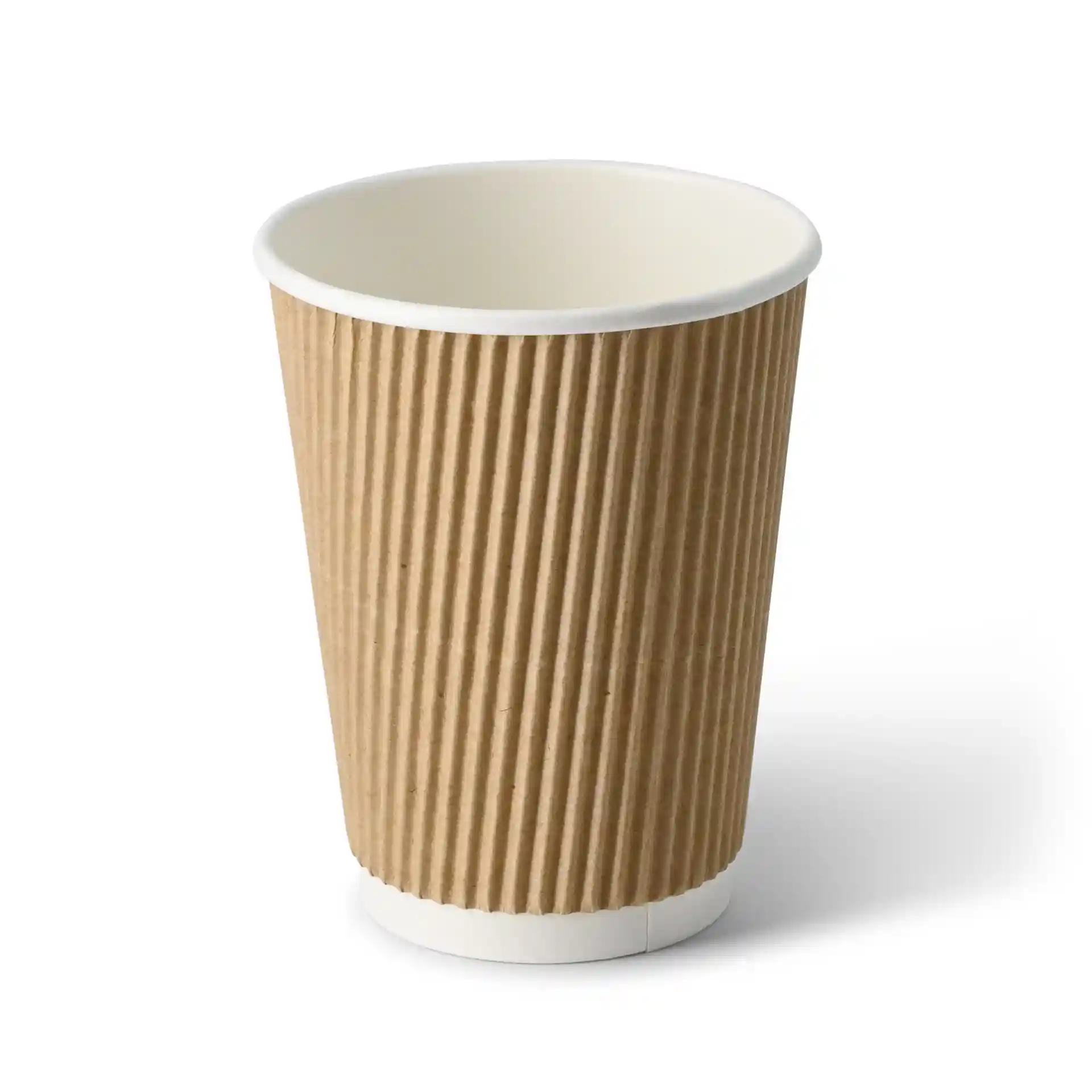 Tazza da caffè marrone a ondulazioni con interno bianco, forma rotonda e altezza di 110 mm.