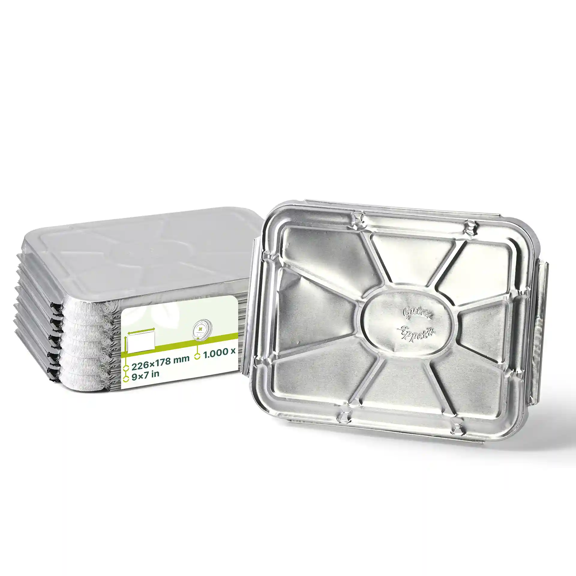 Couvercle en aluminium pour un plateau repas rectangulaire à deux compartiments, dimensions 226x178 mm, hauteur 14 mm.