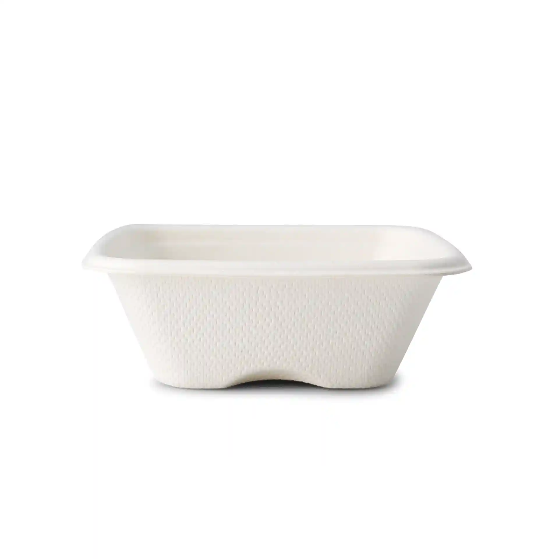 Bicchiere quadrato in bagassa bianco, dimensioni 81 x 81 x 27 mm, con superficie testurizzata.