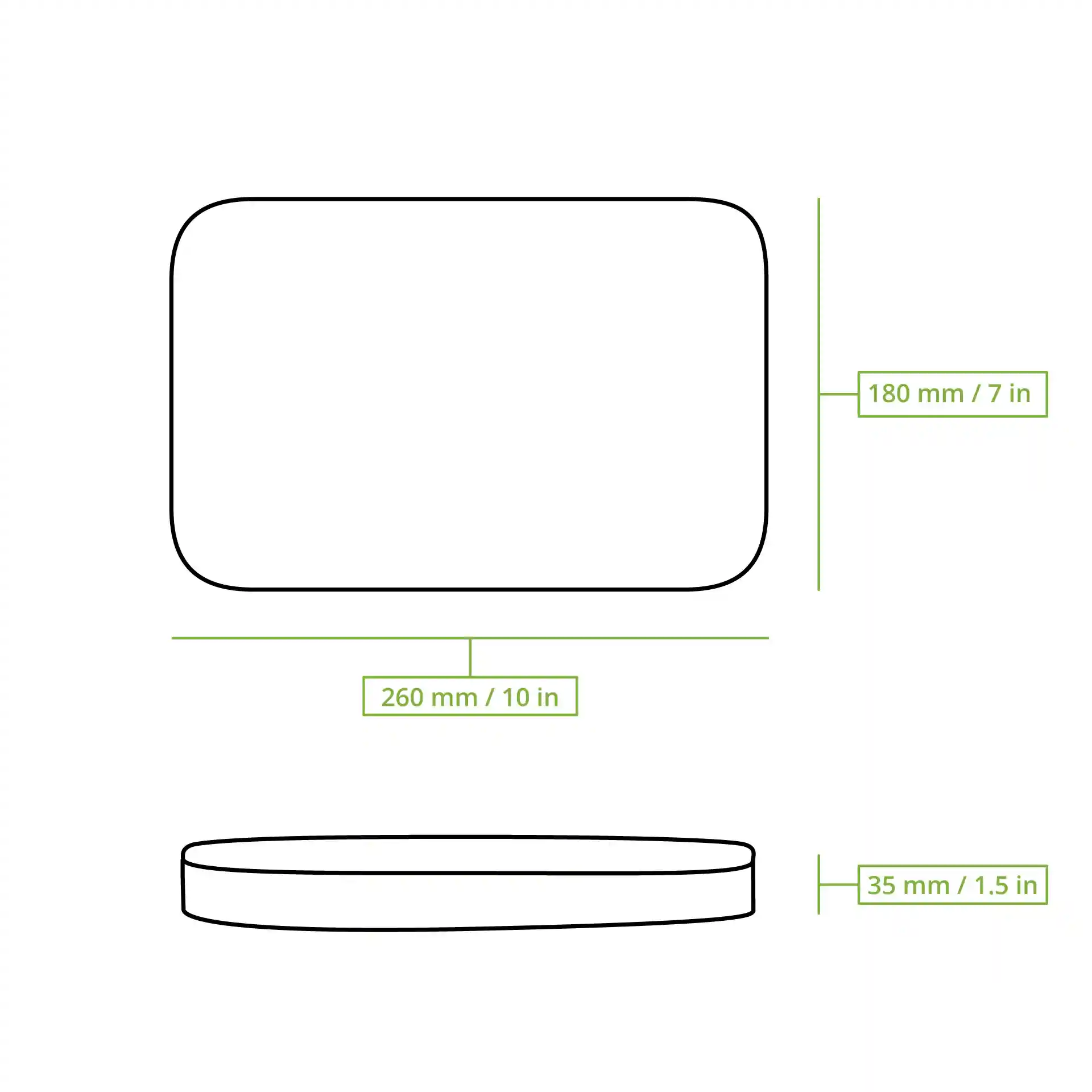 Schematische Zeichnung eines rechteckigen Deckels mit den Abmessungen 260 mm x 180 mm und einer Höhe von 35 mm.