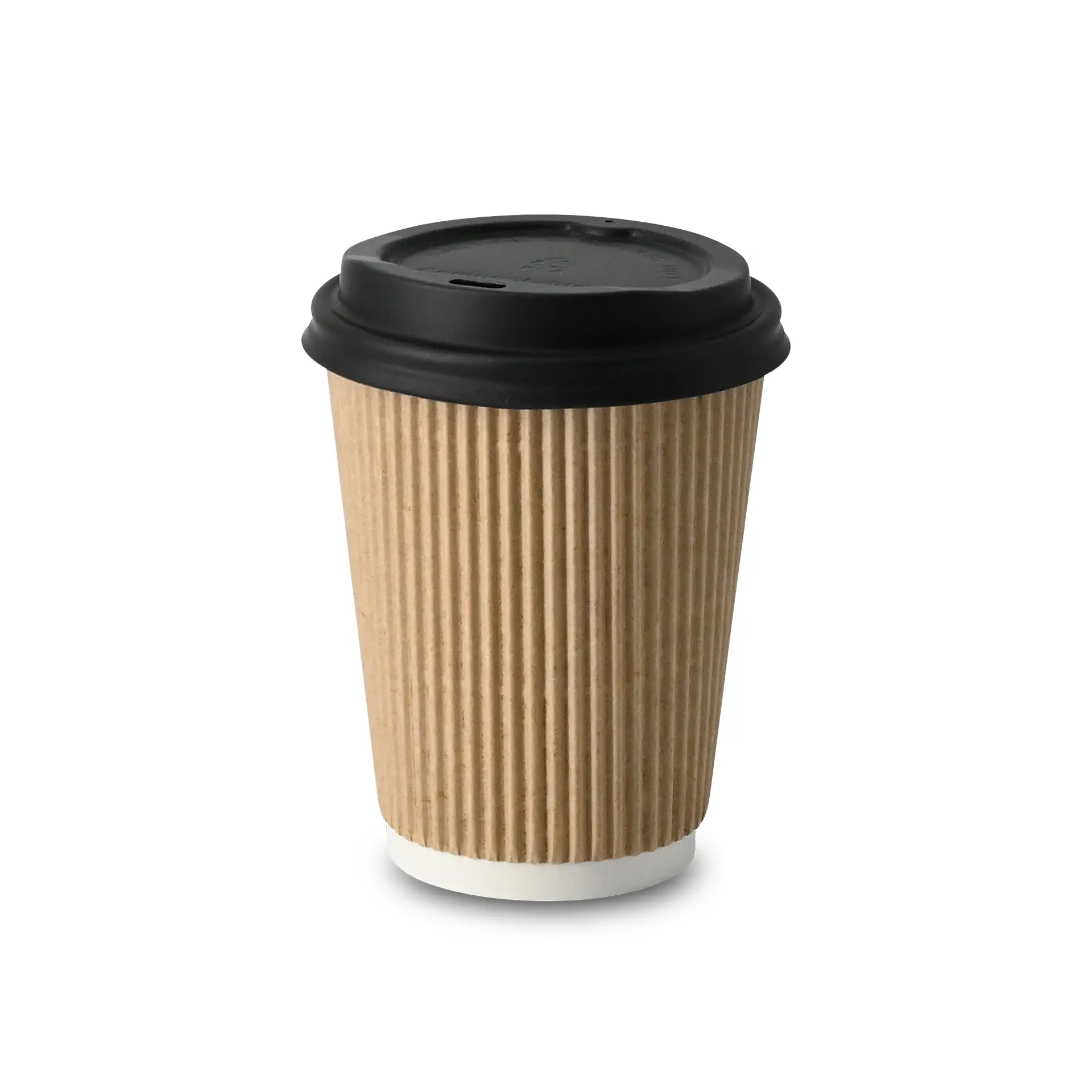 Gobelet à café en papier marron de 12 oz avec couvercle noir ; intérieur blanc ; conçu pour les boissons chaudes et isolé pour plus de confort.