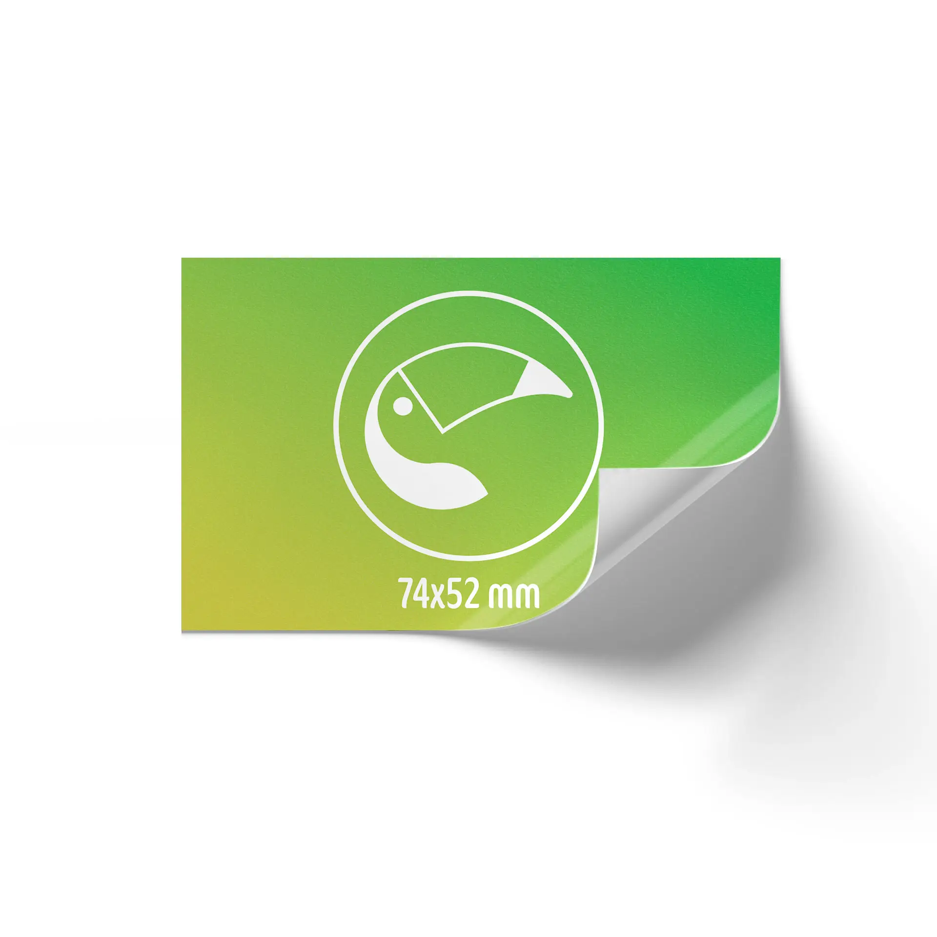 Rechteckiges, bedrucktes Etikett mit glänzender weißer Oberfläche, Größe 74x52 mm, teilweise an der Ecke gewellt.