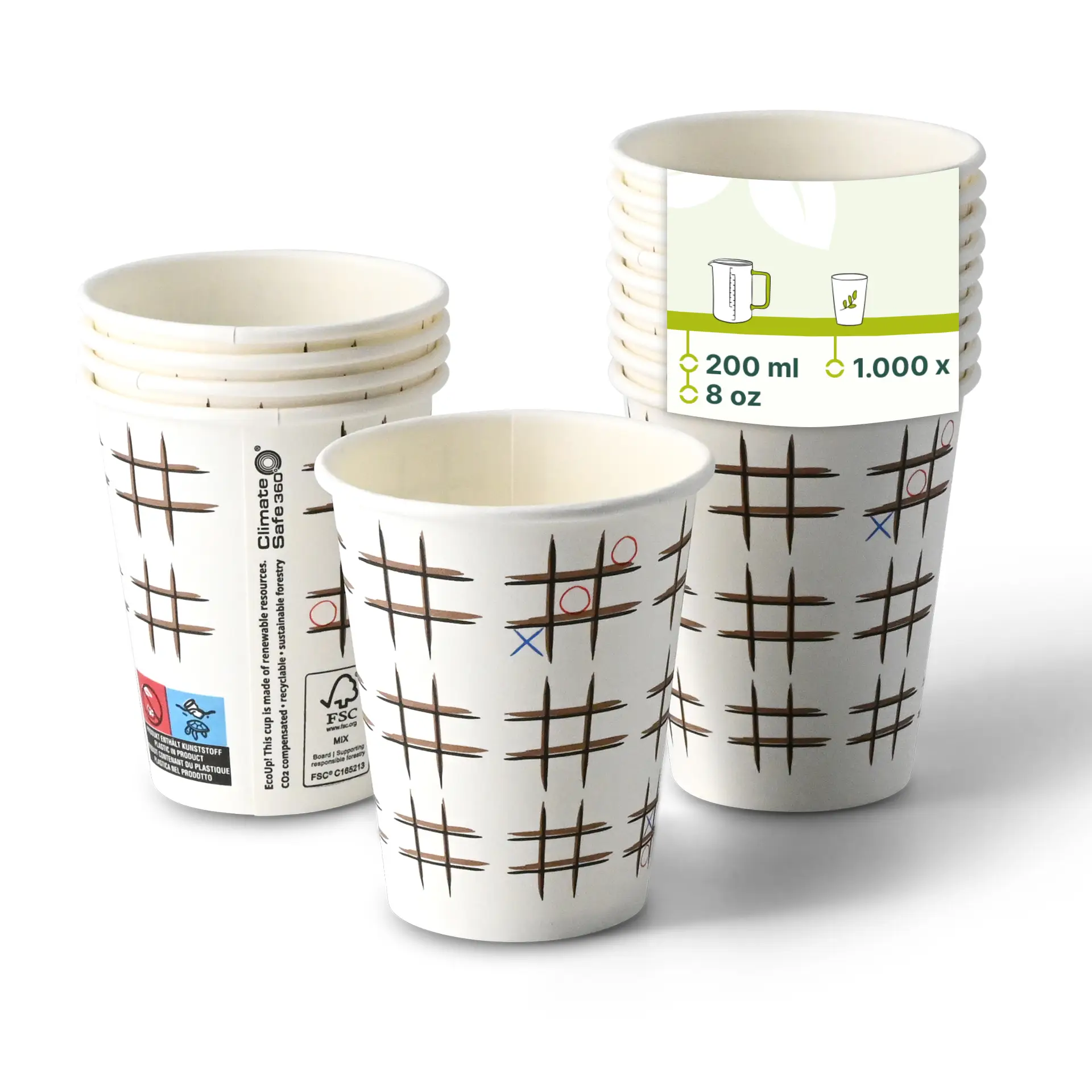 Pappbecher bedruckt "Tic Tac Toe" (beschichtet) 200 ml / 8 oz, Ø 80 mm, weiss con10030-01-0-pappbecher-bedruckt-tic-tac-toe-beschichtet-200-ml-8-oz-80-mm-weiss