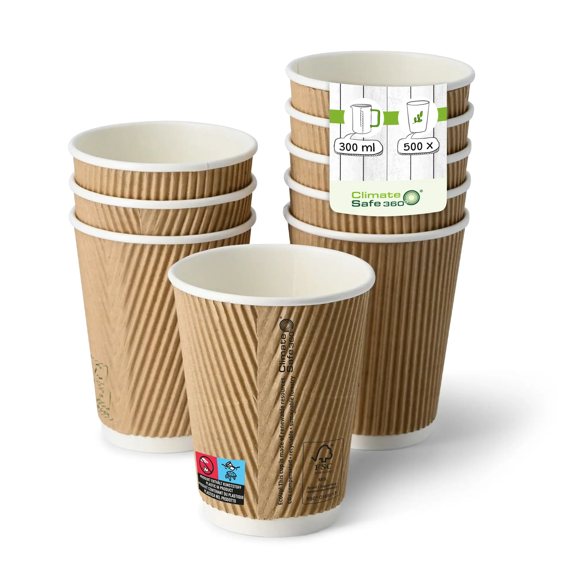 Gobelet en carton ondulé à emporter (revêtu de PE) 30 cl / 8 oz, Ø 90 mm, brun, intérieur blanc con10026-01-0-riffelbecher-beschichtet-coffee-to-go-becher-300-ml-12-oz-90-mm-braun-innen-weiss
