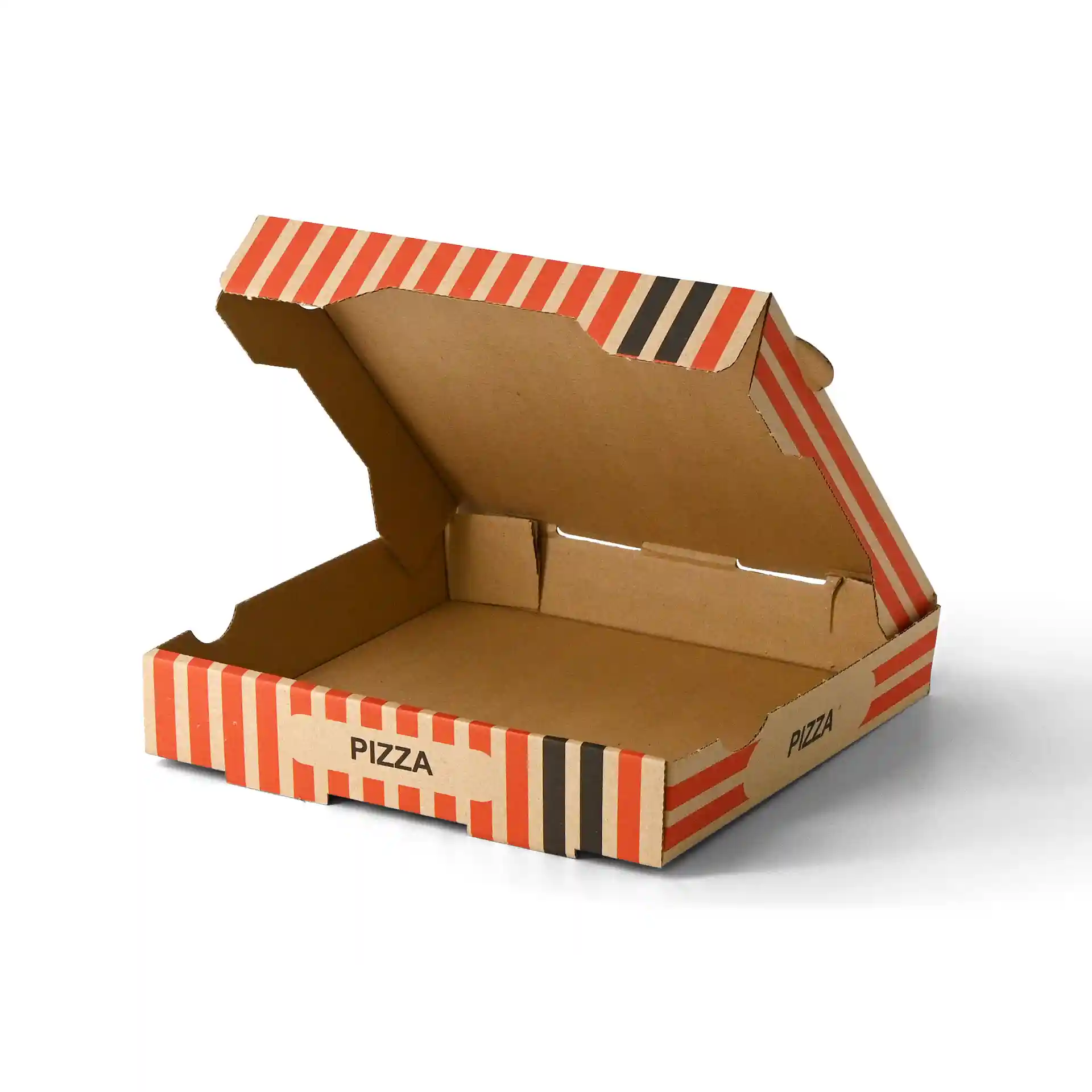 Braune Pizzaschachtel mit einem Pizzakoch-Design, 26 x 26 x 4 cm, geöffnet gezeigt.