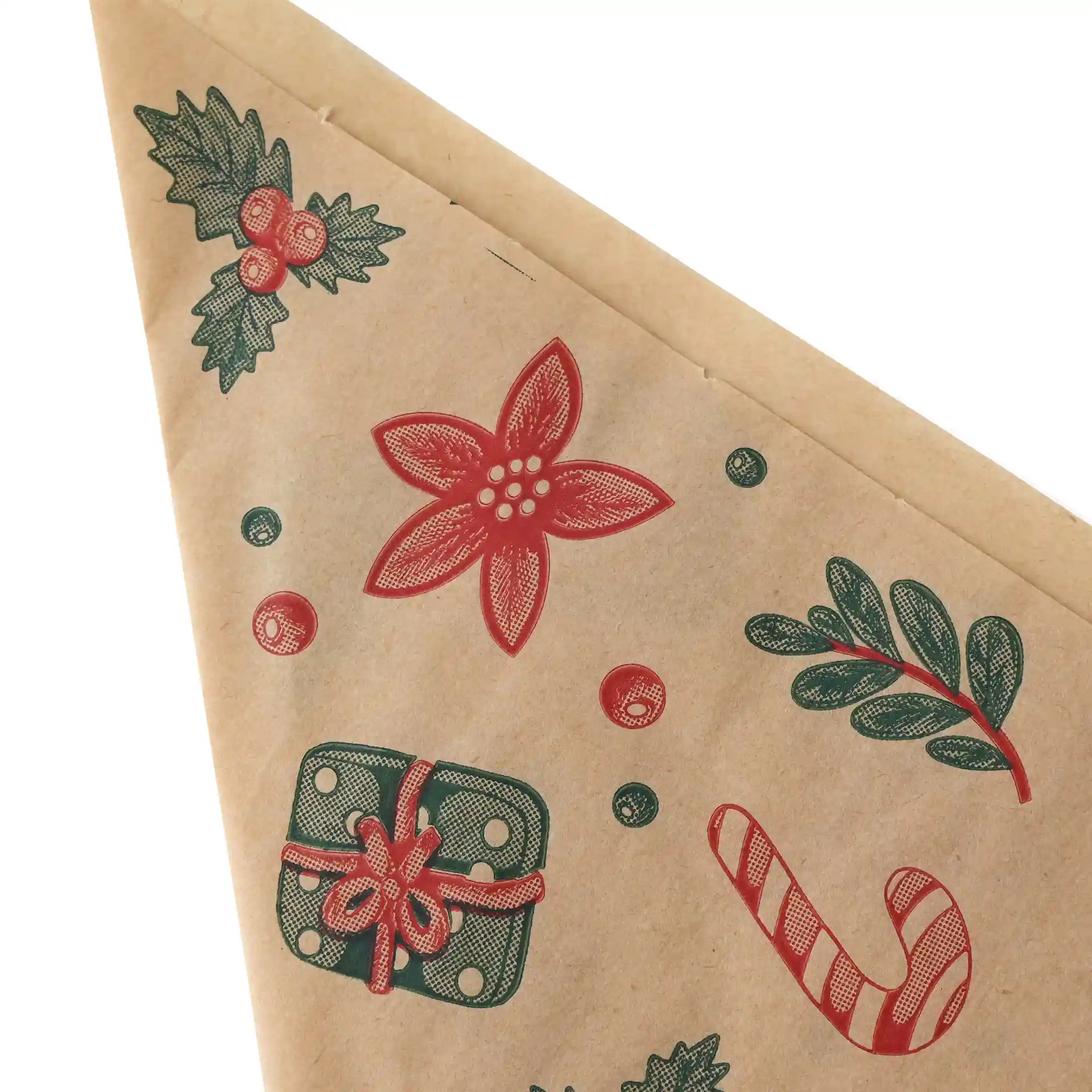 Busta marrone impermeabile con design invernale, fiori rossi, agrifoglio, un regalo e una caramella.