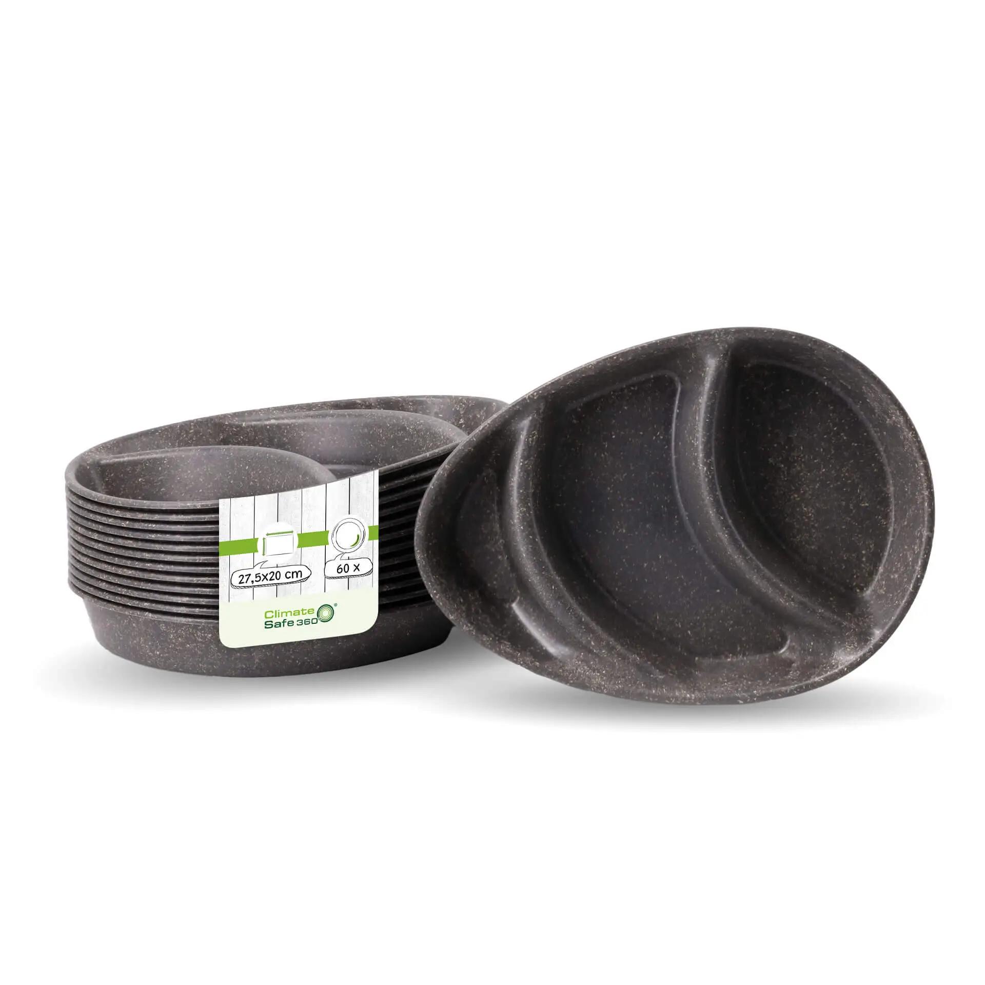 Assiette repas réutilisable « merways Plate » poivre / gris 27,5 x 20 x 3,5 cm, 3 compartiments, ovale dfc00838-2-fuer-1-mehrweg-menue-teller-merways-plate-275-x-20-x-35-cm-3-kammern-tropfenfoermig-pfeffer-grau