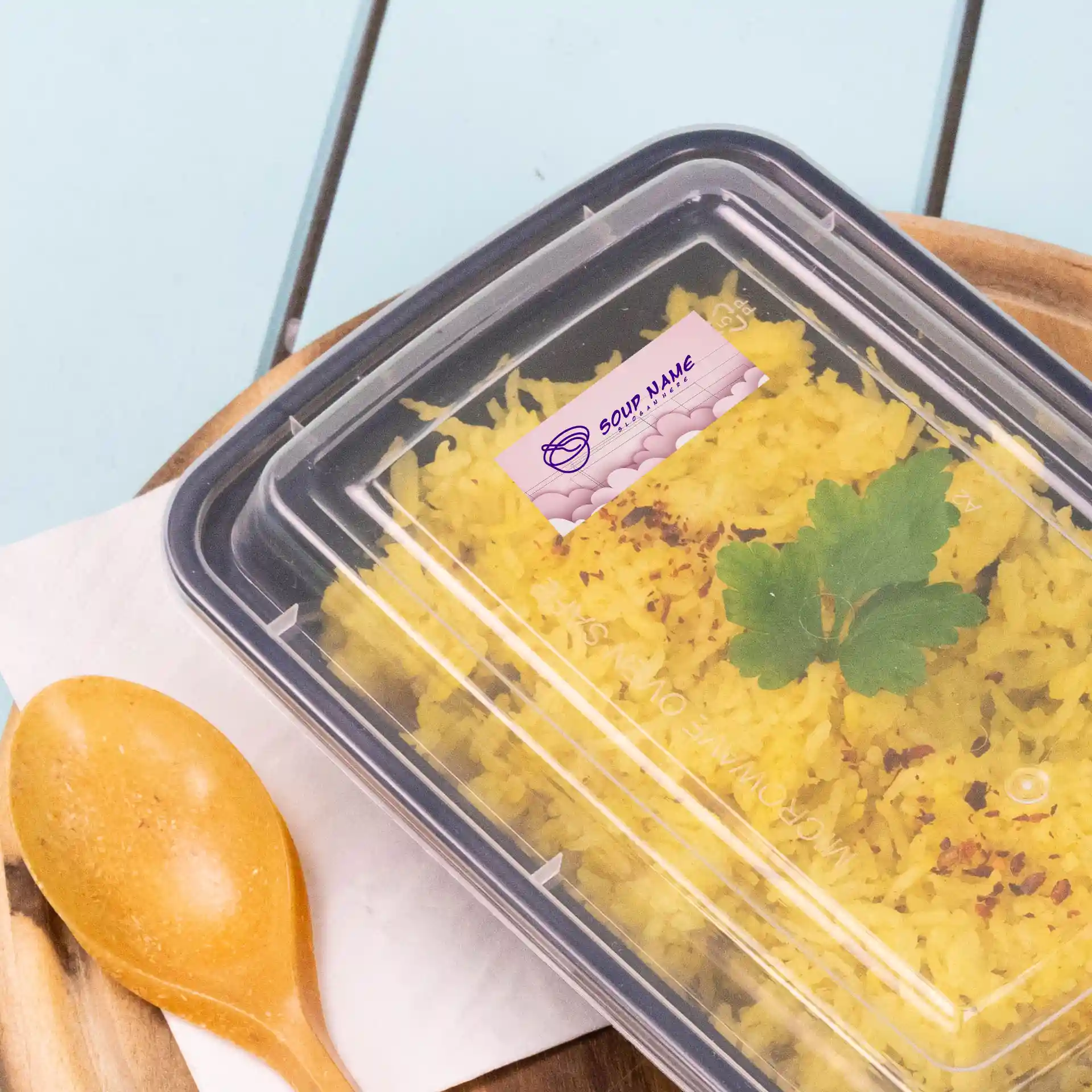 Behälter mit gelbem Reis, garniert mit einem grünen Kraut, teilweise von einem klaren Deckel bedeckt, auf einer Holzoberfläche mit einem Löffel.