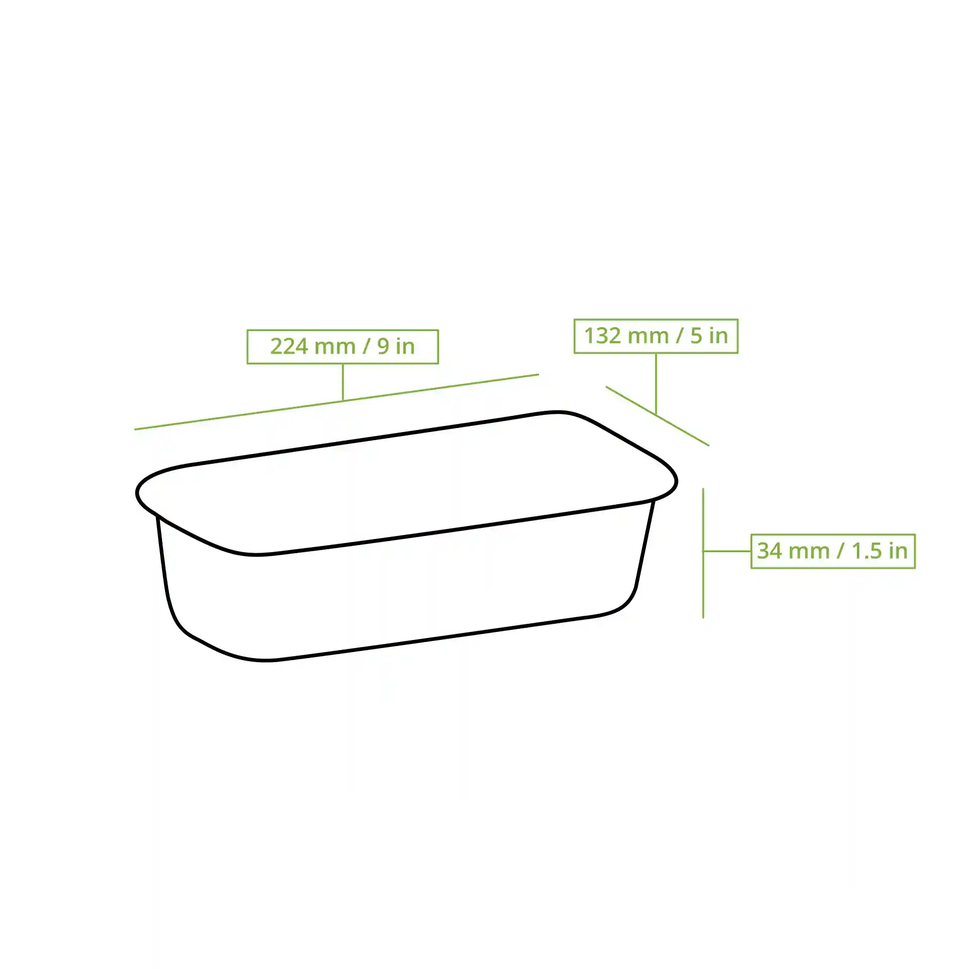 Disegno schematico di un contenitore rettangolare in alluminio con dimensioni di 224 mm x 132 mm x 34 mm.