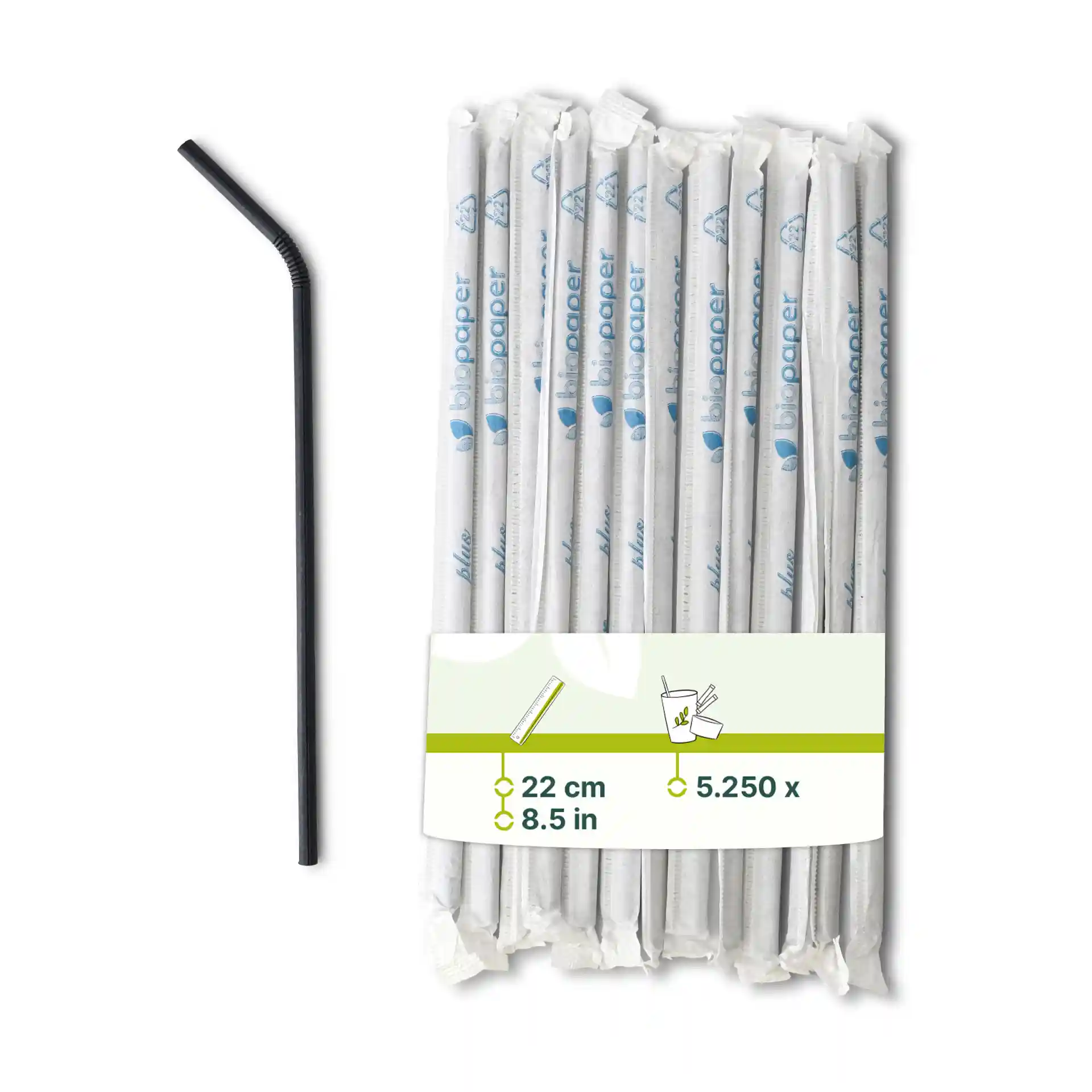 Papier-Trinkhalme flexibel 22 cm, Ø 0,5 cm, schwarz, einzeln verpackt