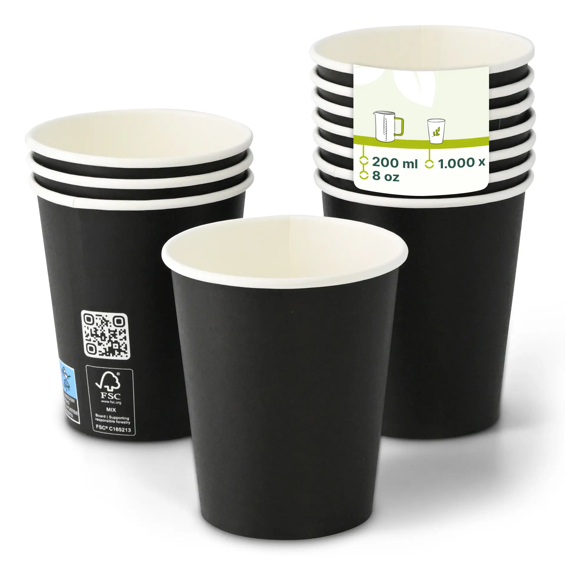Pappbecher 200 ml / 8 oz, Ø 80 mm, einwandig, schwarz, PLA-beschichtet