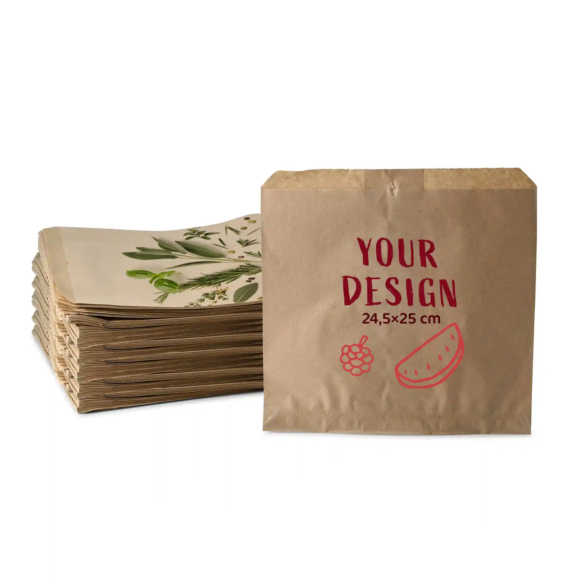 Personnalisation de sachets plats, marron, 24,5 × 25 cm