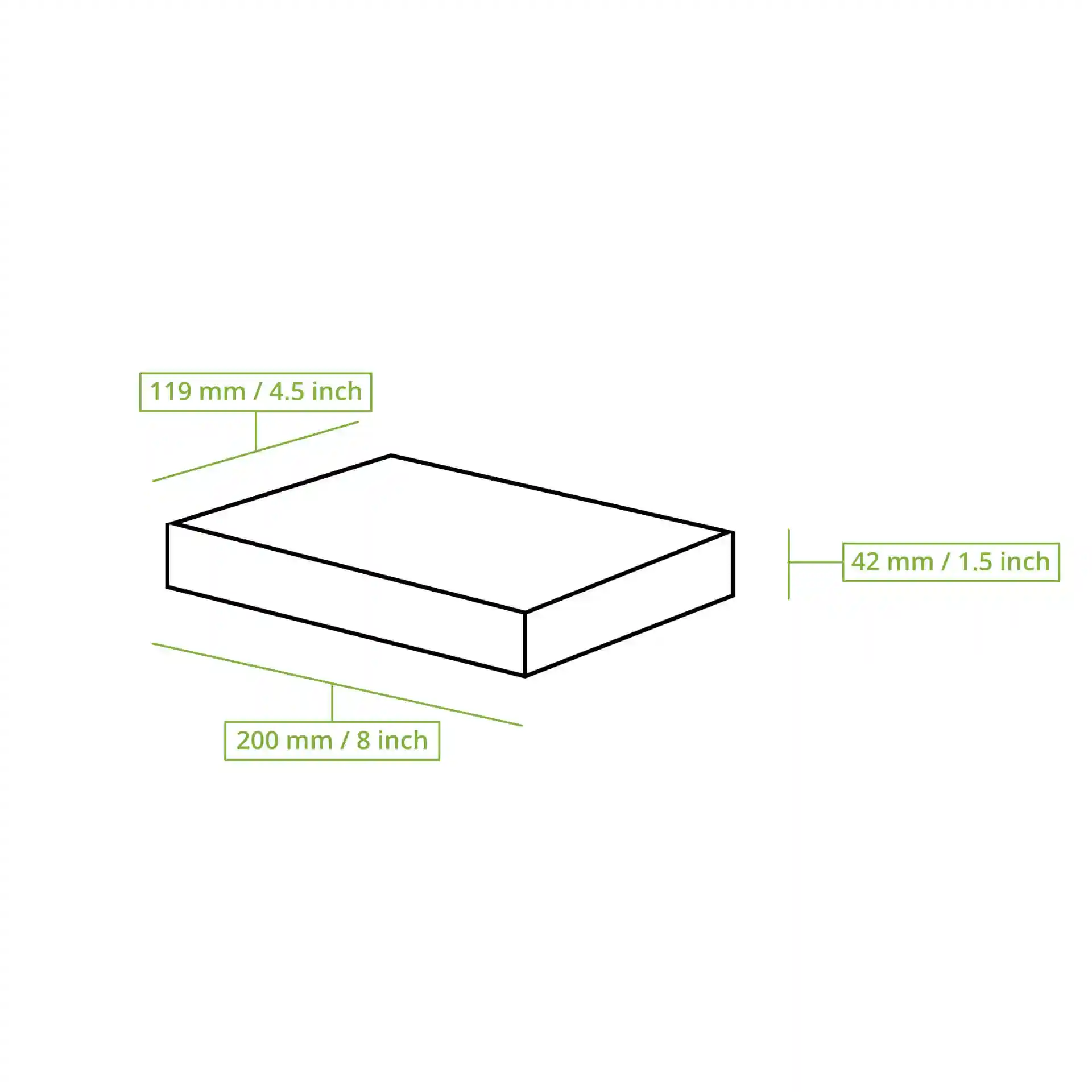 Dessin schématique d'une boîte rectangulaire avec les dimensions étiquetées : 120 mm de longueur, 200 mm de largeur et 42 mm de hauteur.