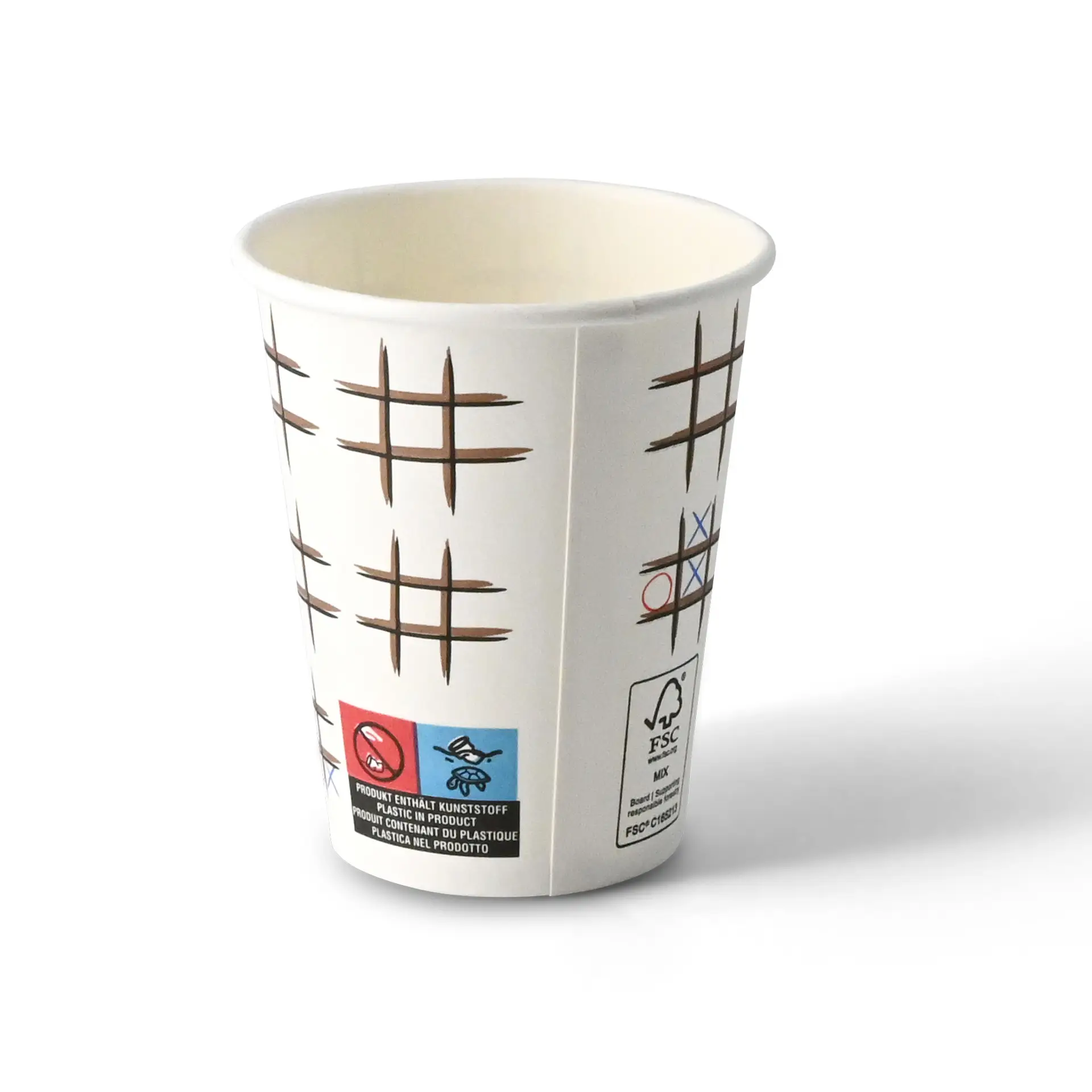 Bicchiere bianco con un design stampato di tris, forma rotonda e superficie rivestita.