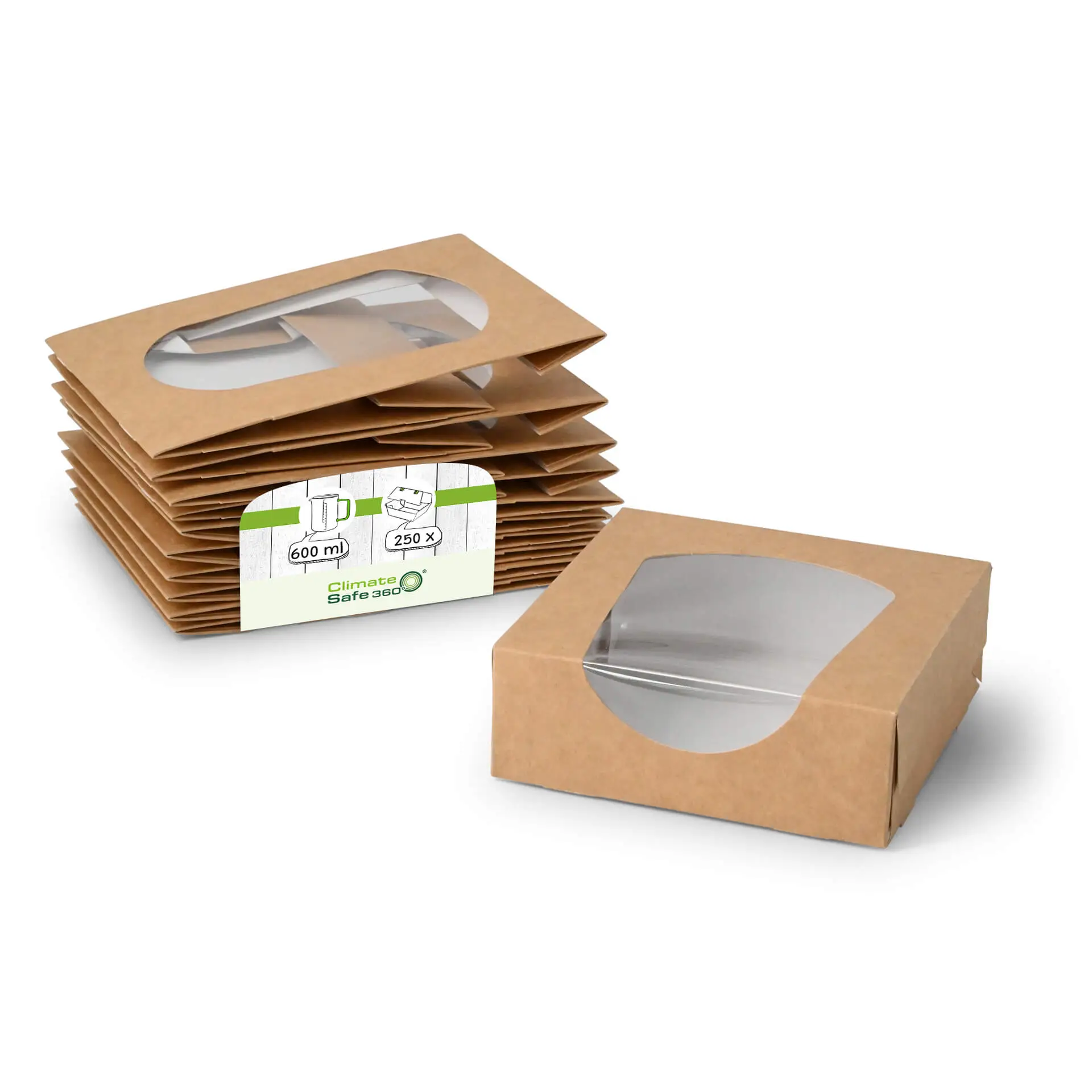 Faltschachteln mit Sichtfenster 12 x 12 x 4 cm, 600 ml, Zellulose-Fenster, aussen braun, innen weiss, faltbar