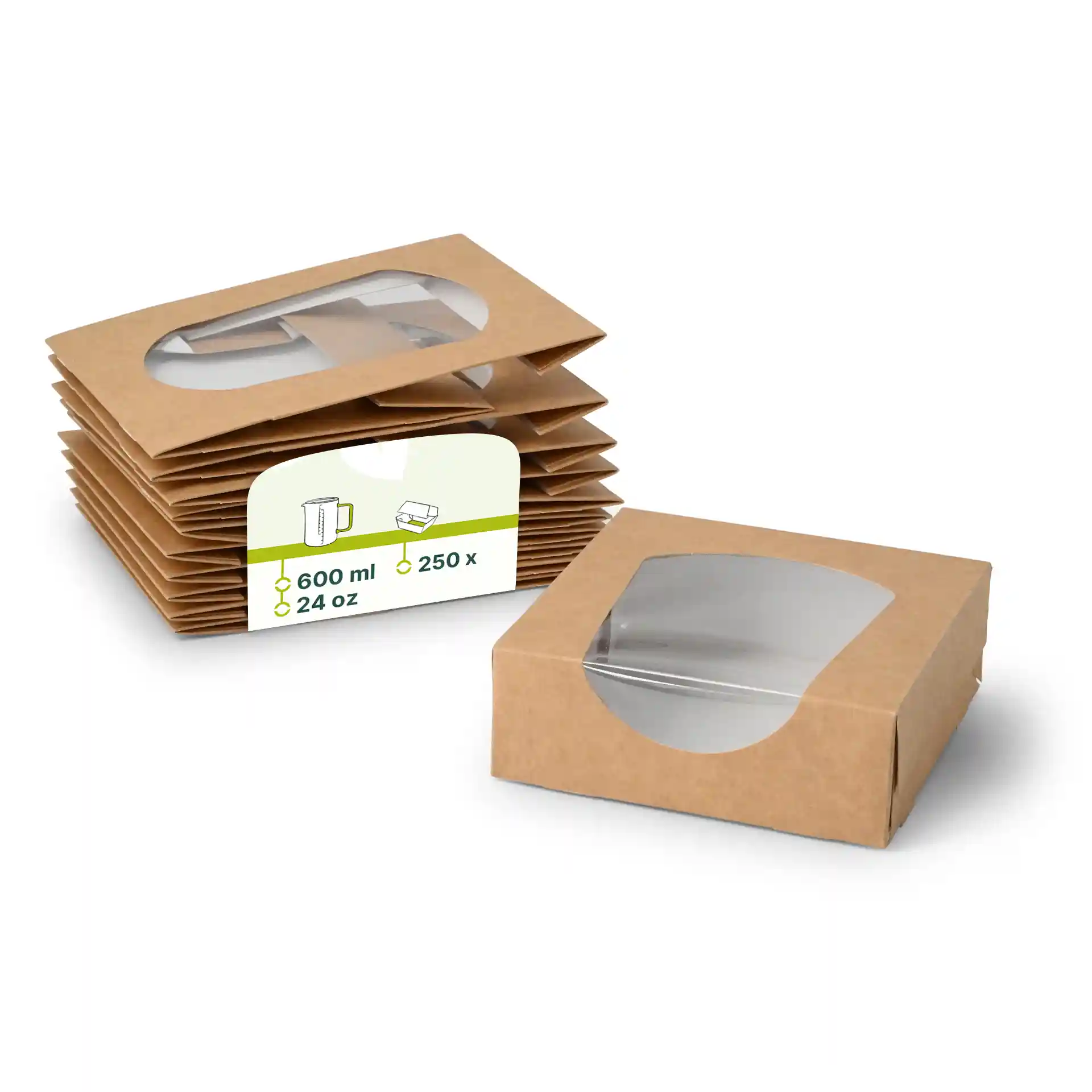 Boîtes pliantes avec fenêtre, 12 x 12 x 4 cm, 600 ml, fenêtre en cellulose, extérieur brun, intérieur blanc, pliable