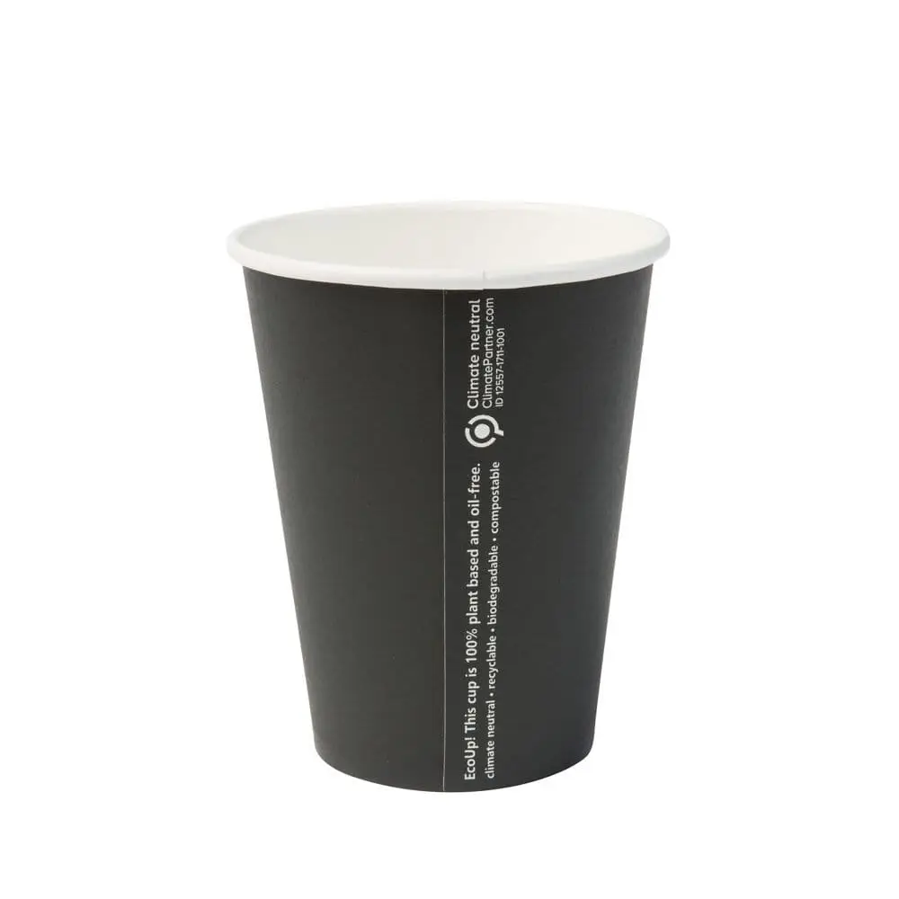 Gobelet en papier noir à paroi simple, taille 300 ml, revêtu de PLA, adapté aux boissons chaudes et froides, design écologique.