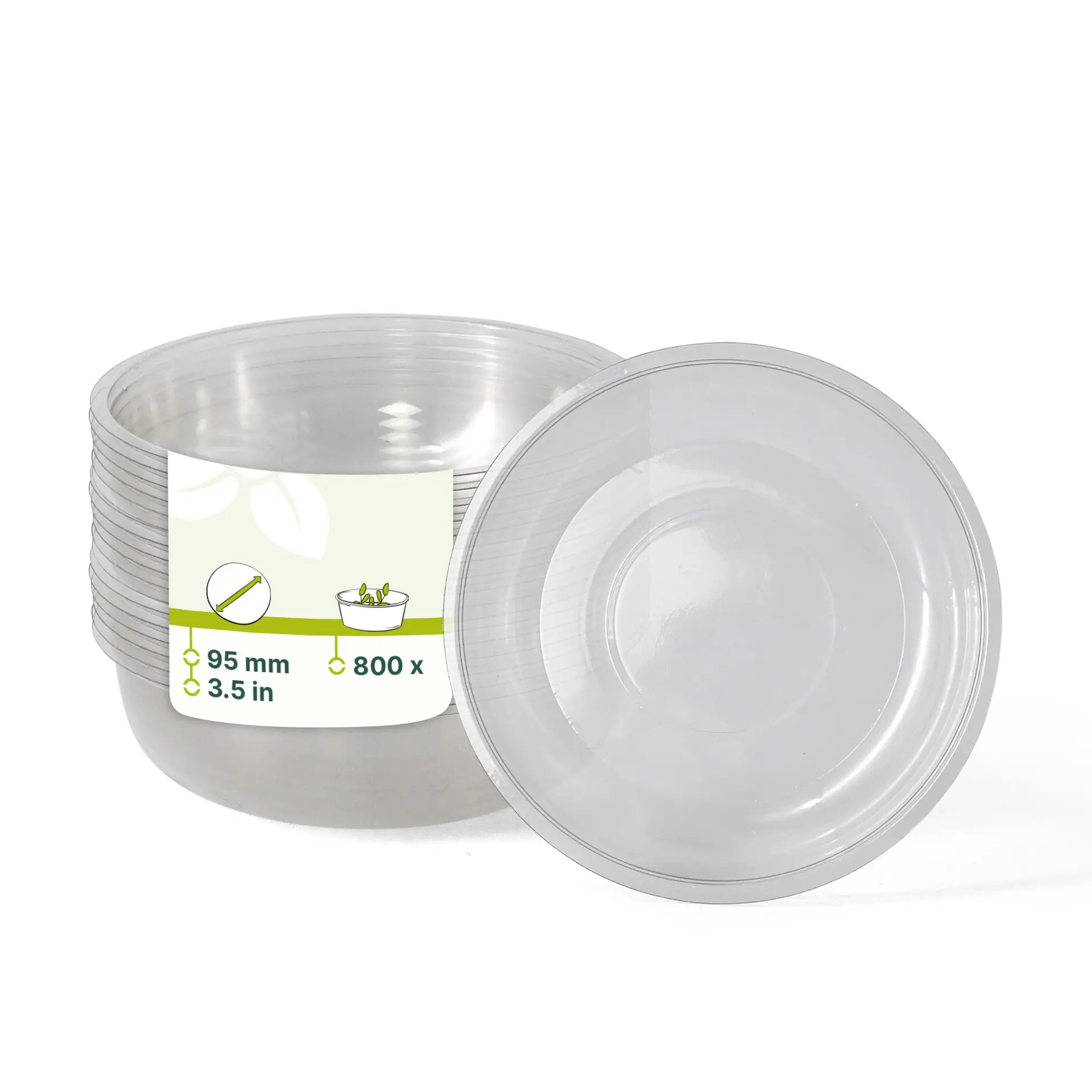 Gobelets transparents en PET empilés, diamètre 95 mm, adaptés pour séparer les composants alimentaires.