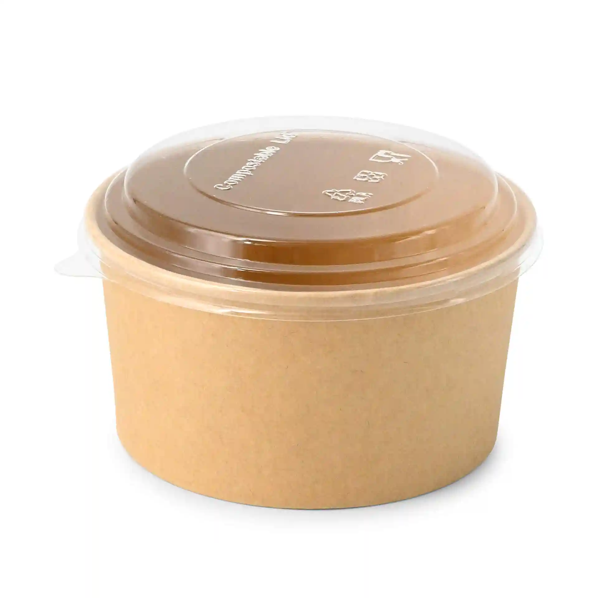 Ciotola rotonda in carta marrone con coperchio trasparente, capacità di 800 ml, con rivestimento ecologico.