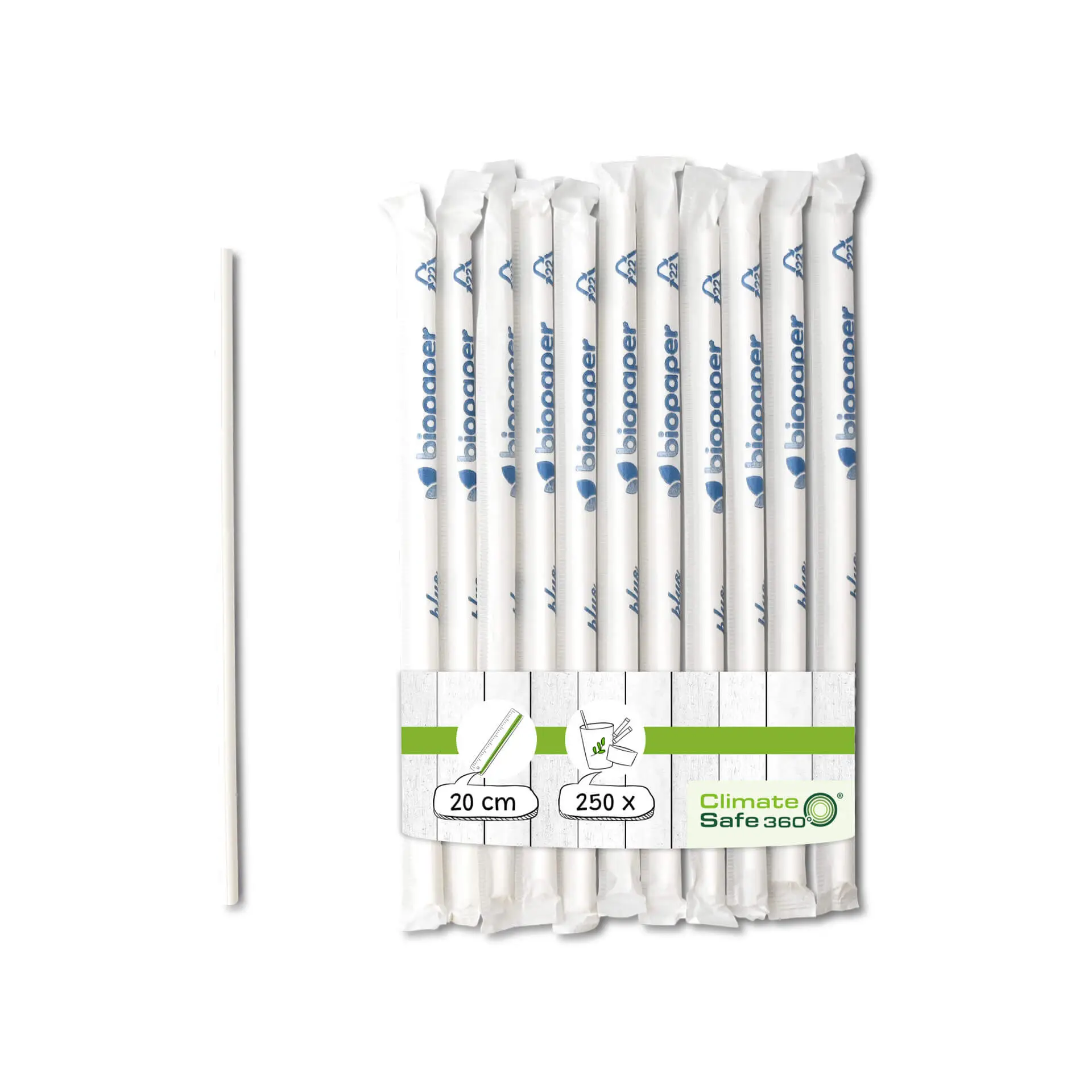 Papier-Trinkhalme 20 cm, Ø 0,5 cm, weiss, vertikal gerollt, einzeln verpackt Papier-Trinkhalme 20 cm, Ø 0,5 cm, weiss, vertikal gerollt, einzeln verpackt
