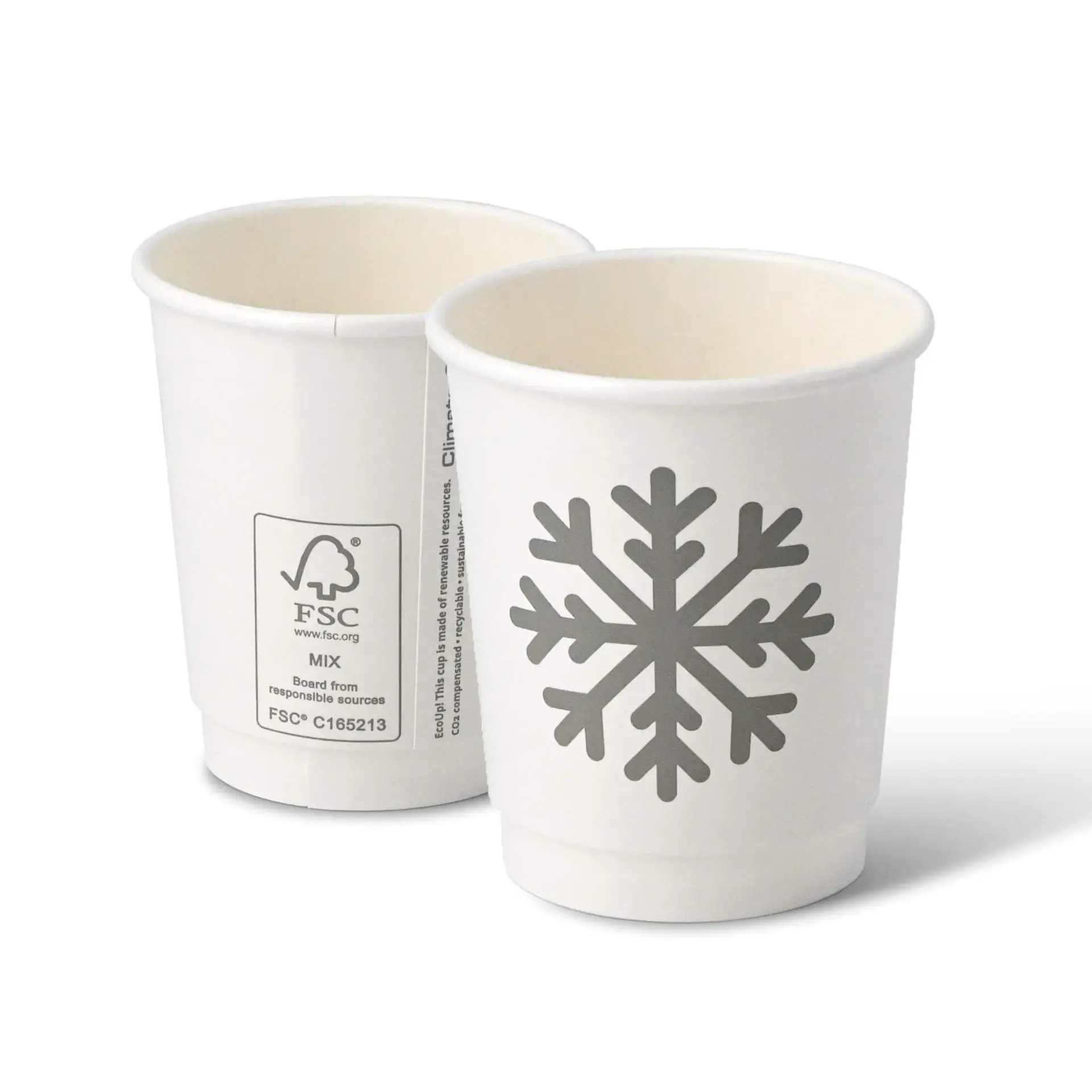Gobelet en carton hiver à double paroi "Flocon de neige" blanc 200 ml / 8 oz, Ø 80 mm