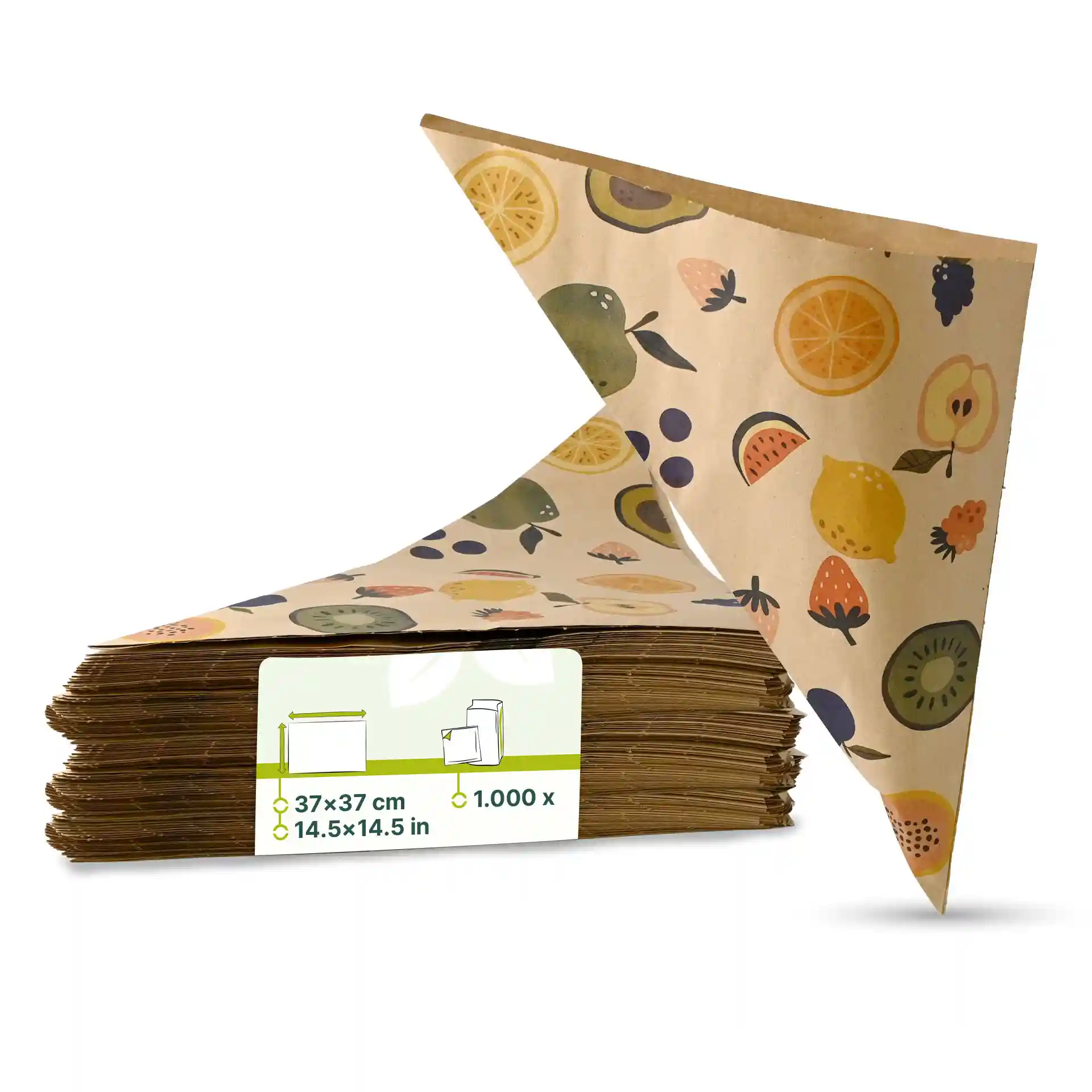 Sacs en papier brun en forme de cône avec un design de fruits, mesurant 37 × 37 cm, empilés avec un coin plié.