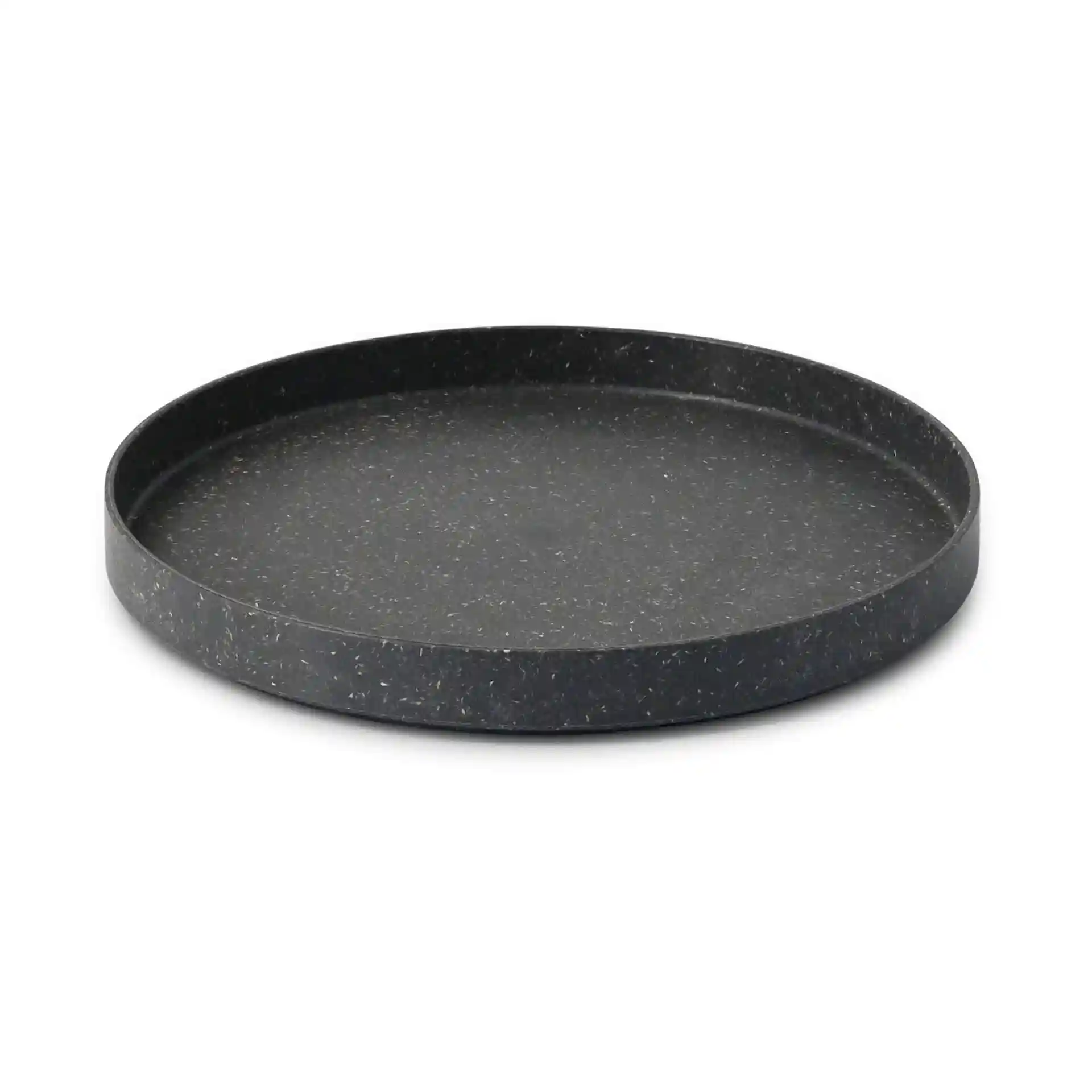 Runder grauer Teller aus Bio-Verbundmaterial, 20 cm Durchmesser, mit flachem Design und ohne Beschichtung.