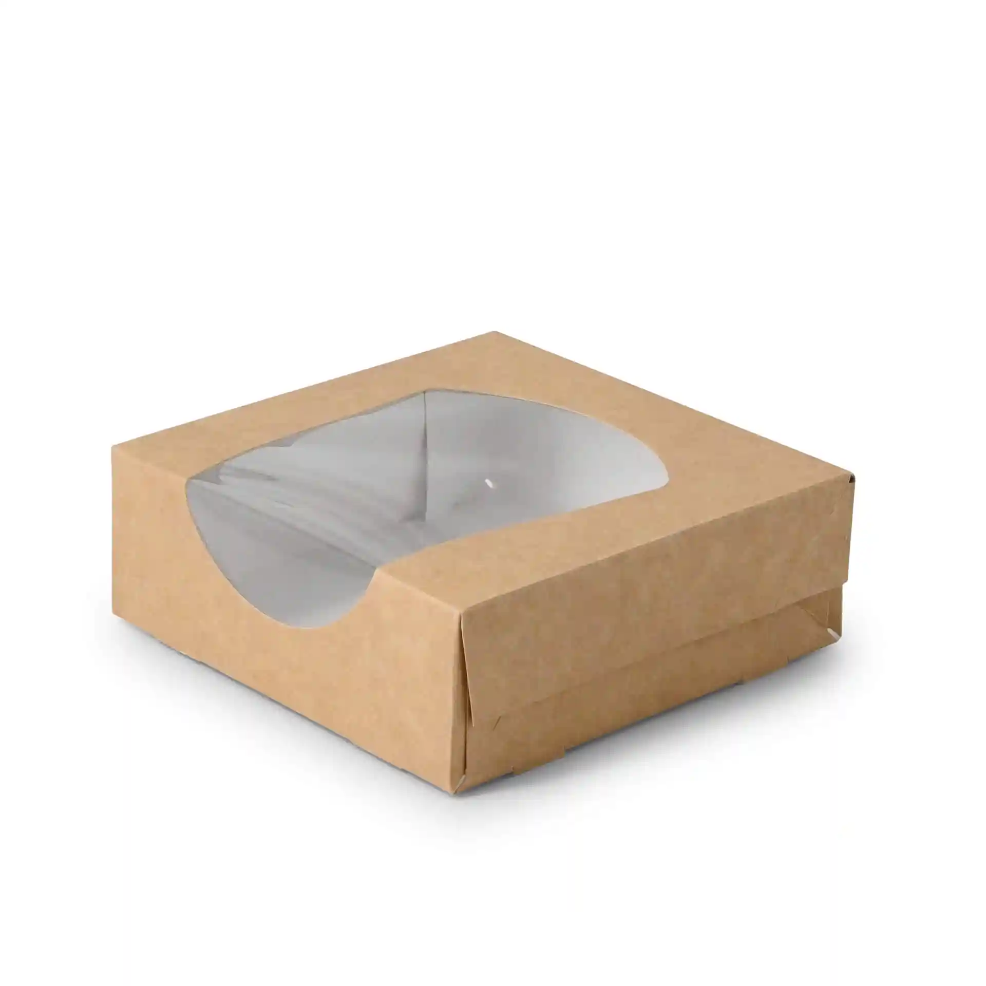Boîte en carton marron avec fenêtre en cellulose transparente, mesurant 12 x 12 x 4 cm.