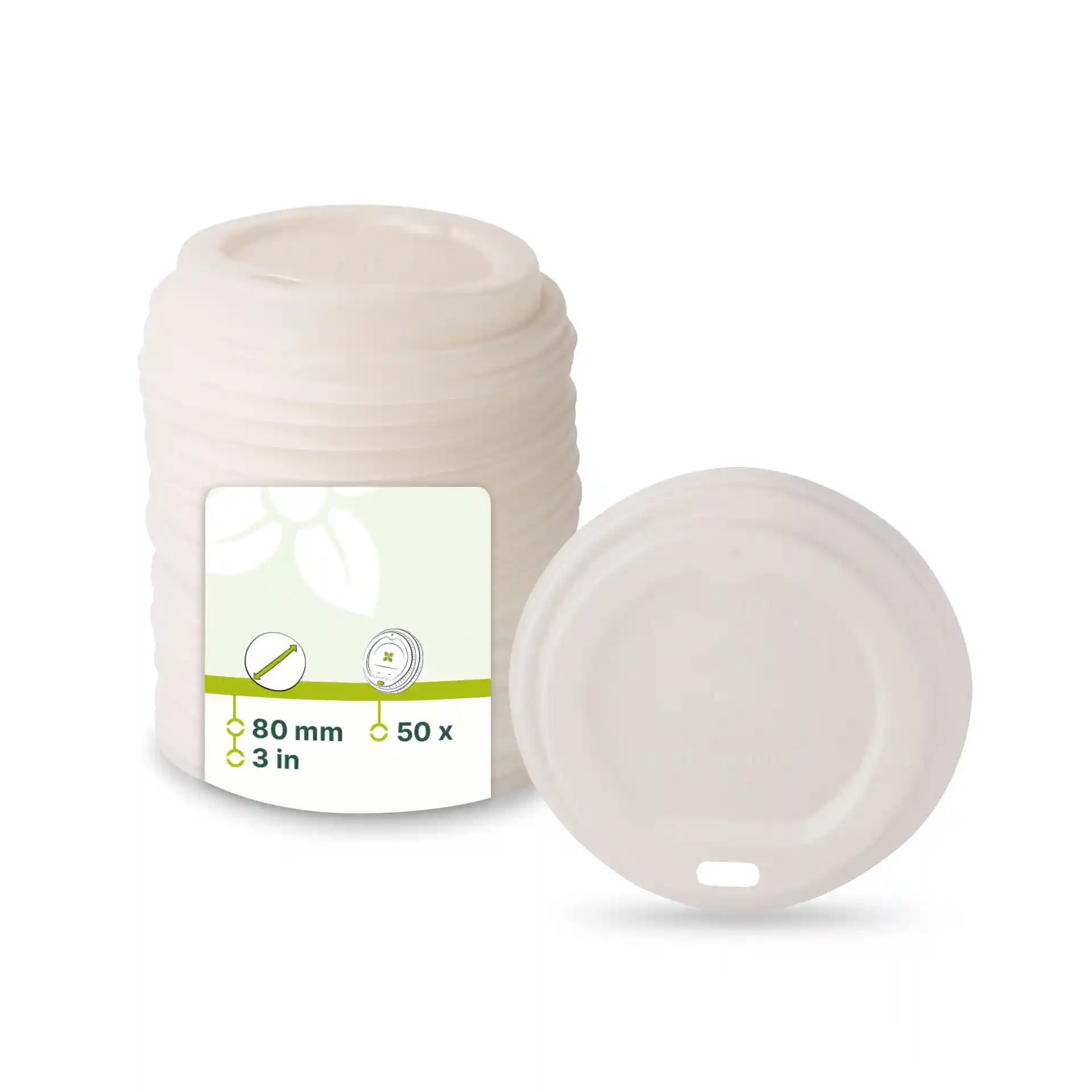 Coperchio CPLA bianco con foro per bere, diametro di 80 mm, mostrato con una pila di coperchi simili.