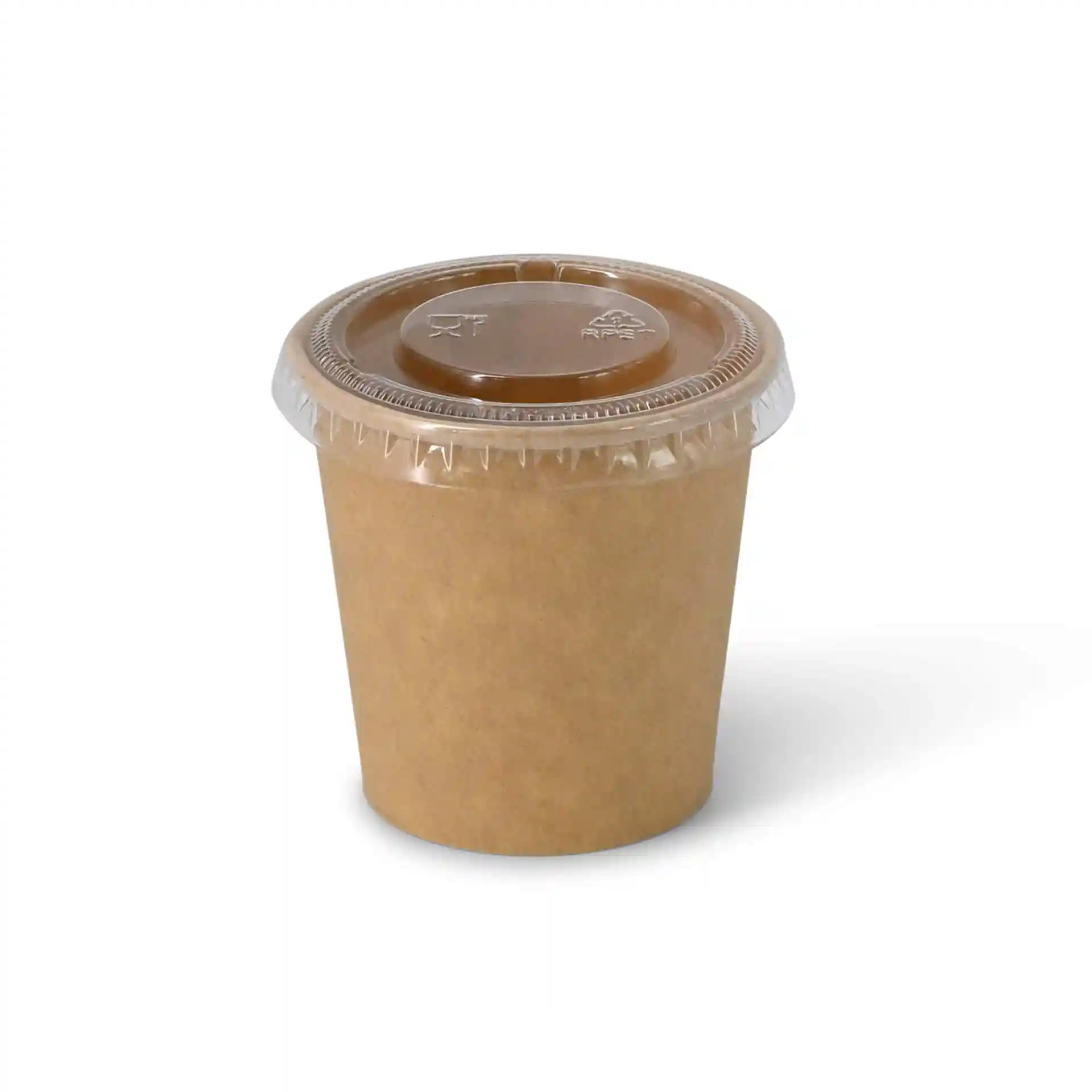 Cup in carta marrone con coperchio in plastica trasparente, capacità di 75 ml, materiale in cartone non sbiancato.