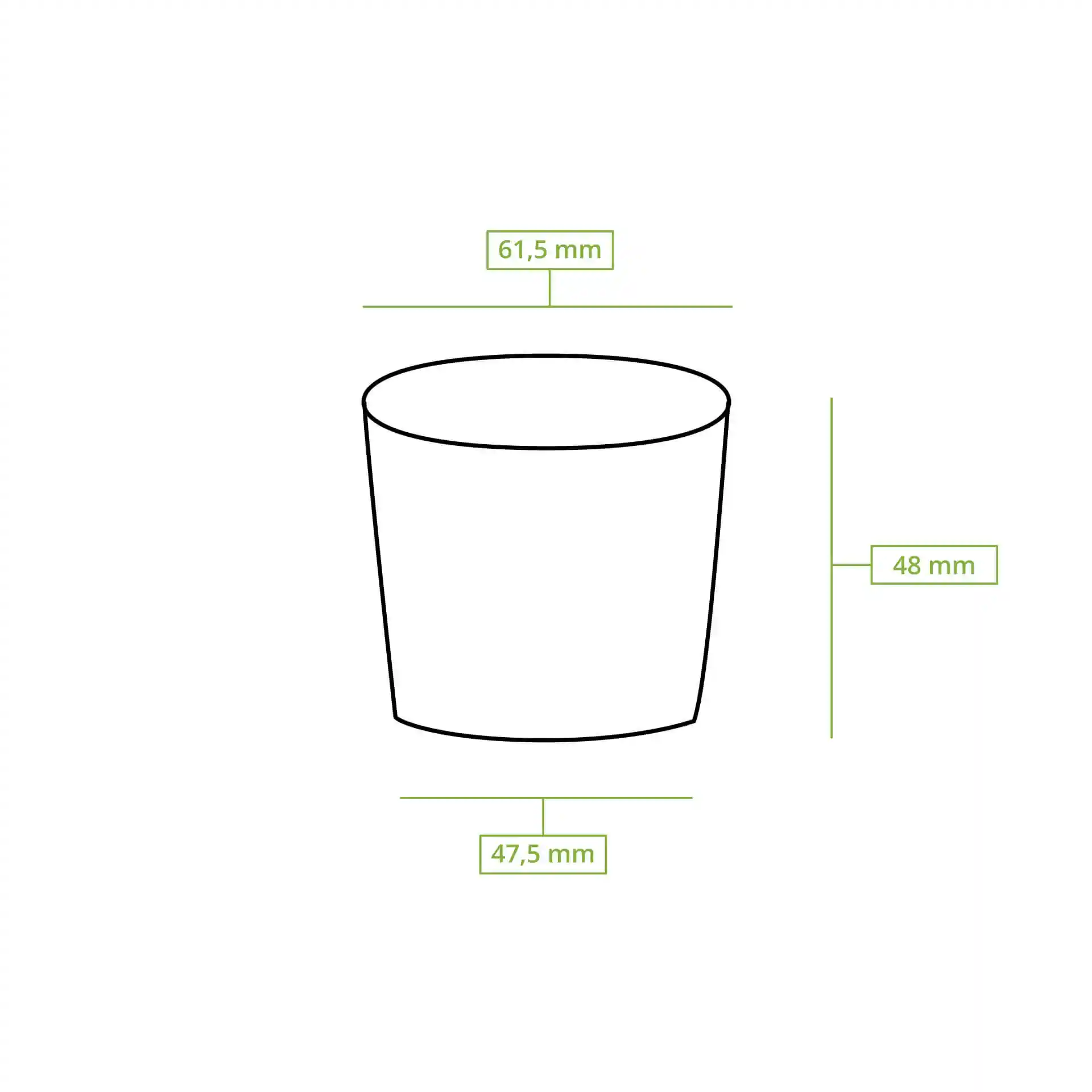 Disegno schematico di un contenitore rotondo per gastronomia con dimensioni: altezza 48 mm, diametro superiore 62 mm, diametro inferiore 47 mm.