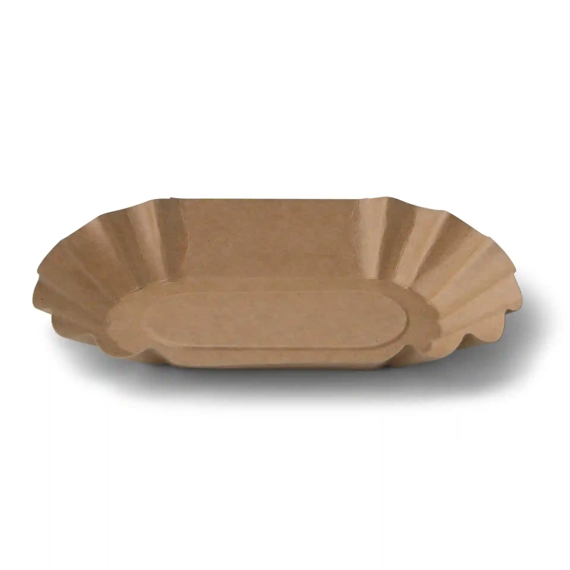 Vassoio alimentare ovale marrone in carta, misura 19,5 x 11 x 3 cm, con design profondo e senza rivestimento.