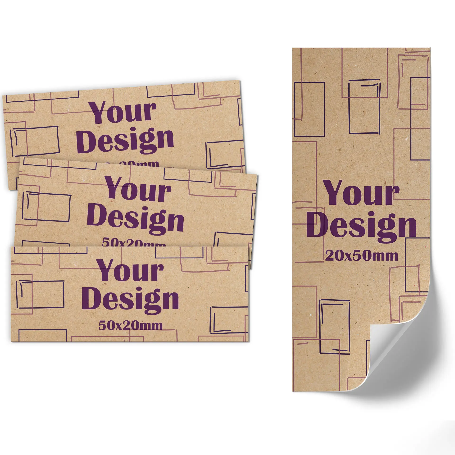 Étiquette avec un logo circulaire et des dimensions de 50x20 mm sur fond marron.