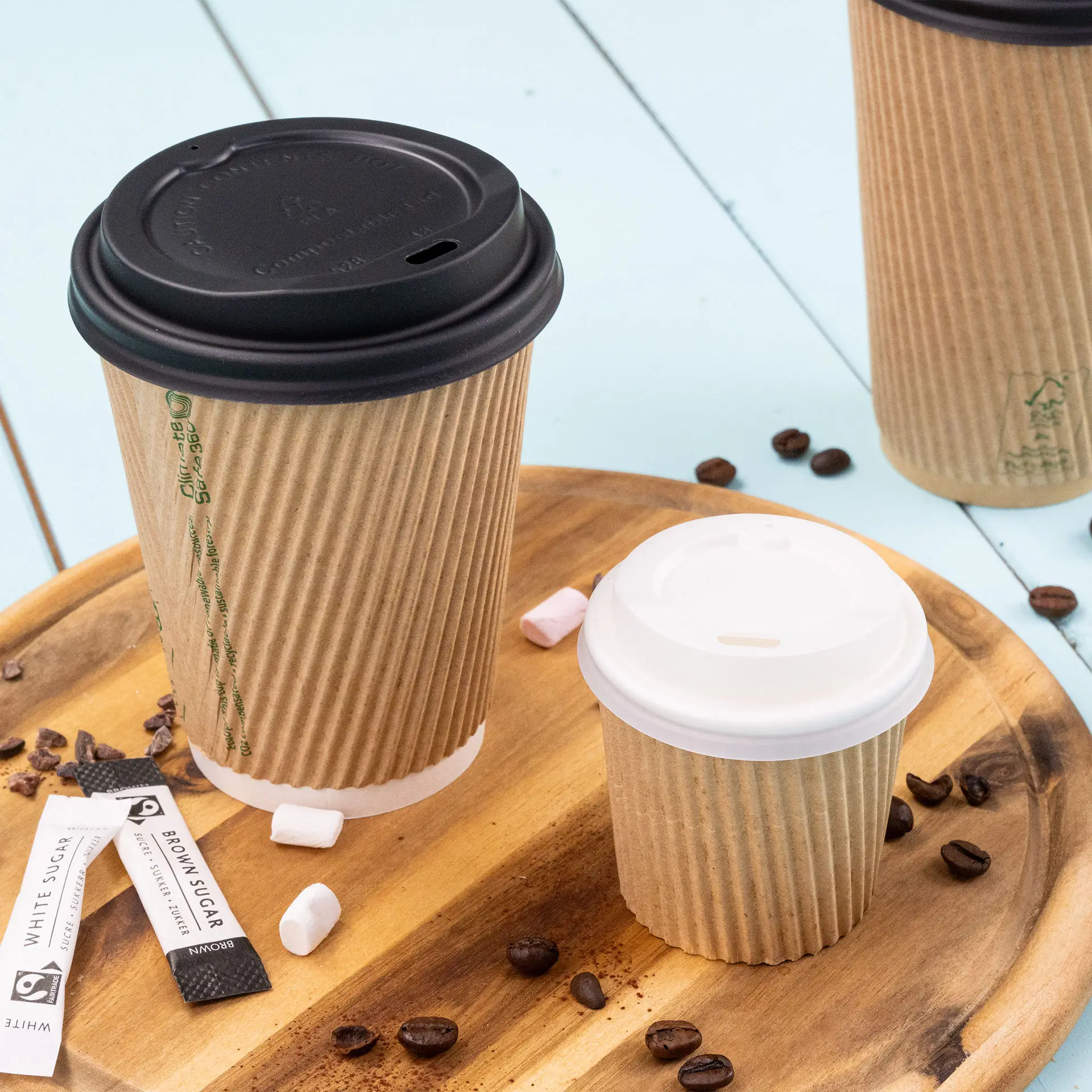 Riffelbecher / Coffee to go Becher 100 ml / 4 oz, Ø 62 mm, braun / innen weiss, PLA-beschichtet