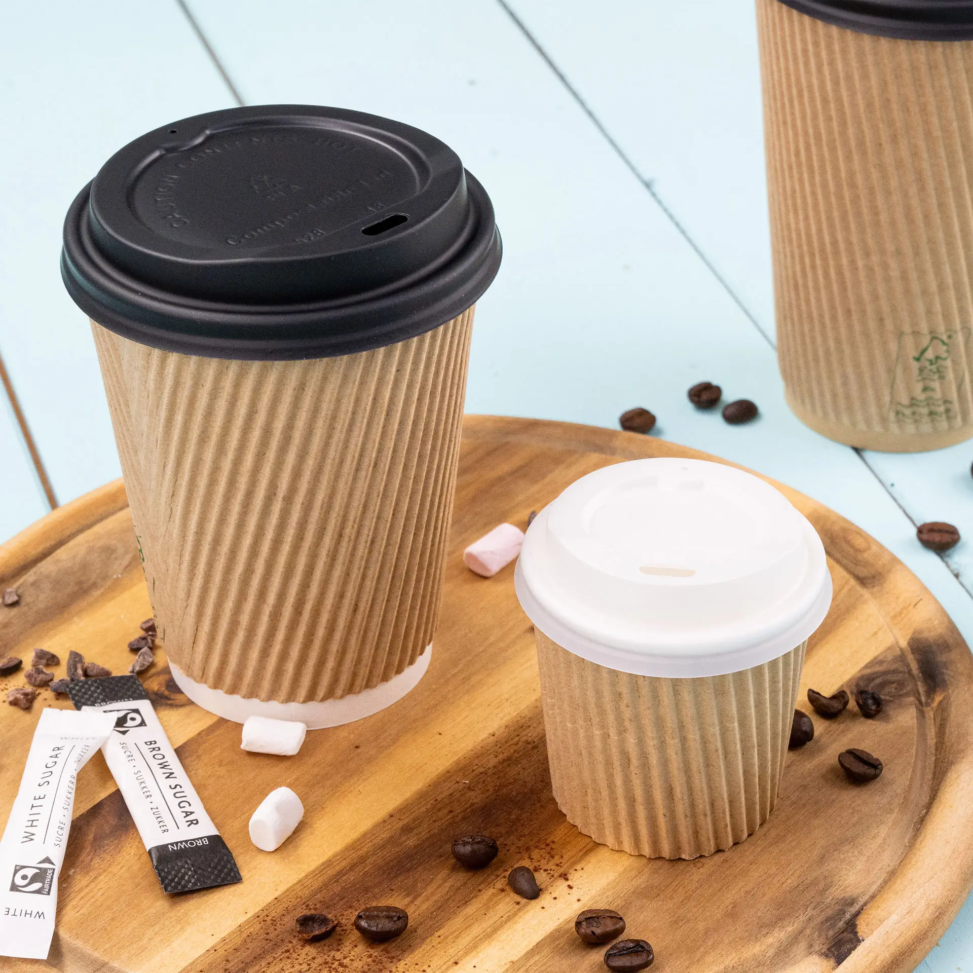 Riffelbecher / Coffee to go Becher 100 ml / 4 oz, Ø 62 mm, braun / innen weiss, PLA-beschichtet